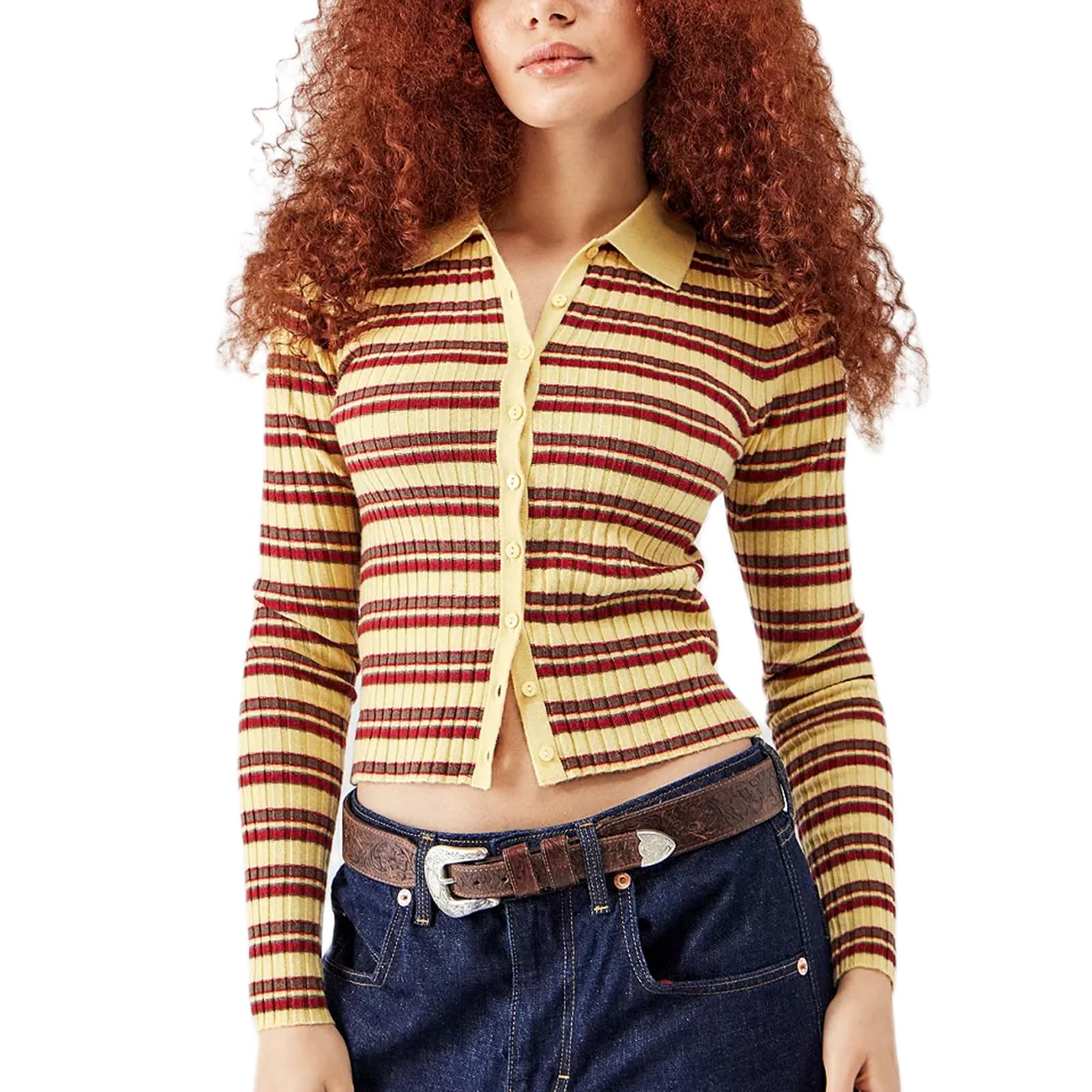 Women Y2K Striped Print Sweater Long Sleeve Lapel Collar Fitted Knit Cardigan Vintage Fairisle Button Down Knitwear