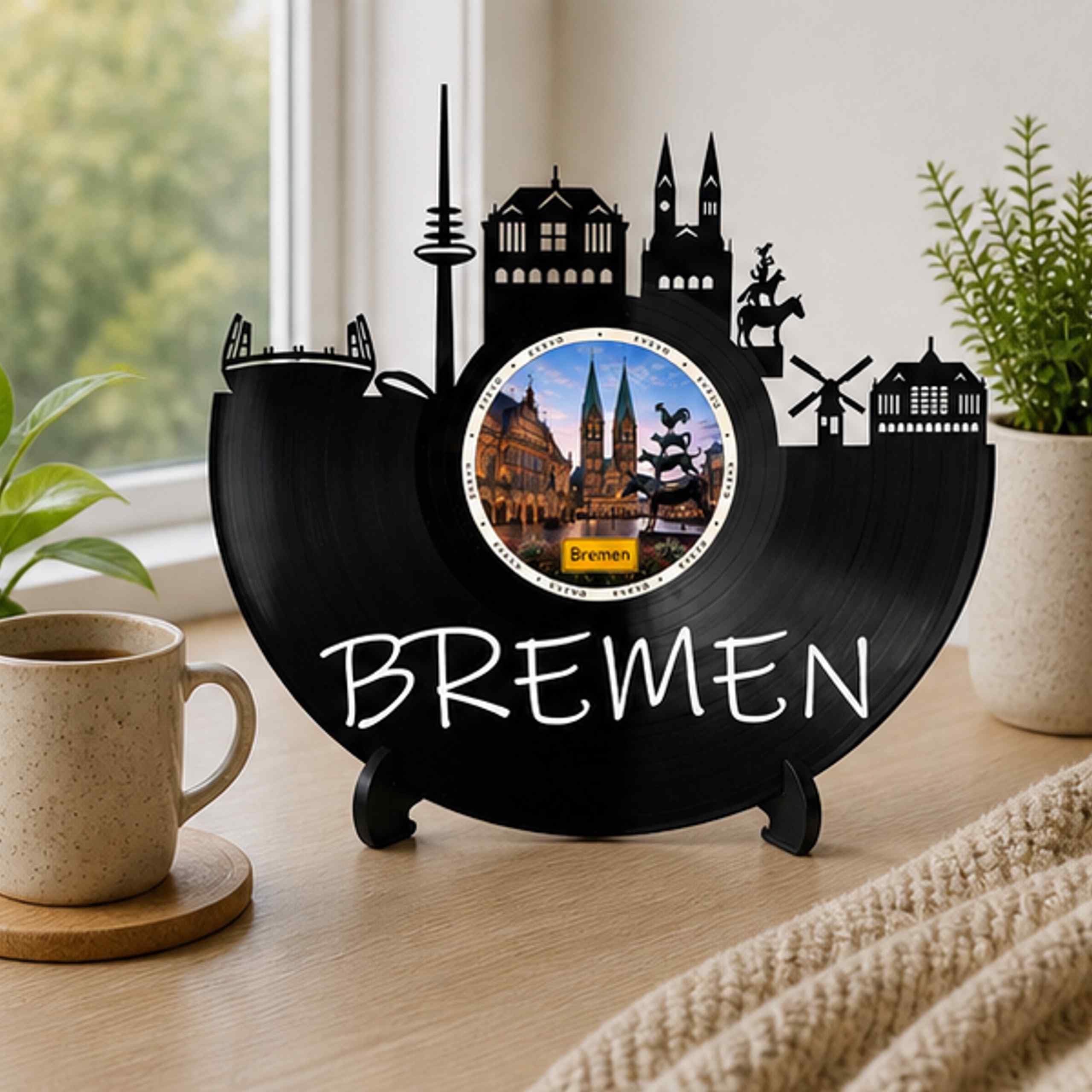 EVEVO Dekoracja ścienna z płyty gramofonowej Brema - winylowa sztuka ścienna Hanse Skyline prezent dla fanów Bremy, miłośników Roland Weser-Lasa D0051