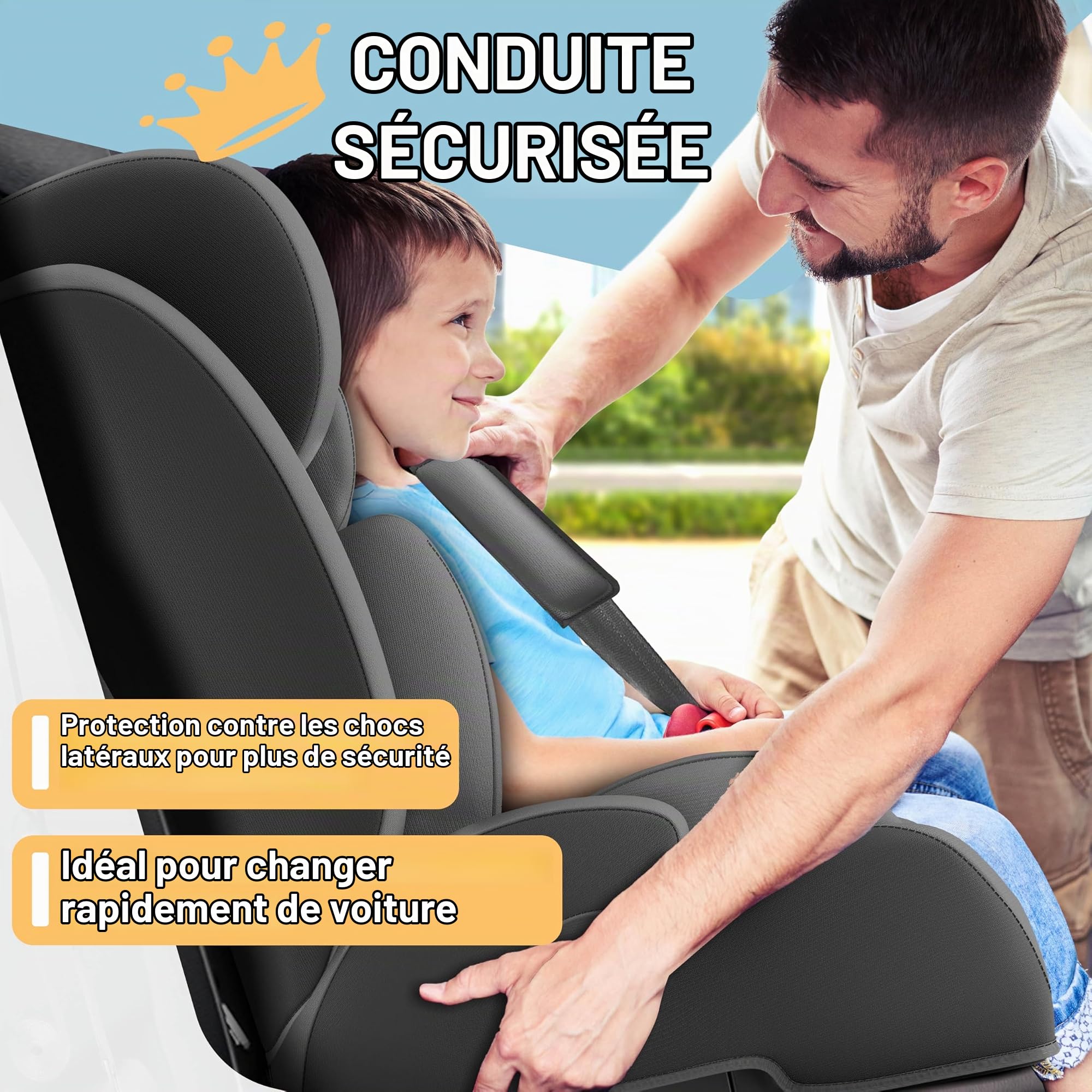 KIDIZ® Siège auto pour enfant avec Isofix i-Size R129 de 100 à 150 cm jusqu'à 12 ans, groupe 1/2/3, siège auto grandit, harnais 5 points et appuie-tête réglable en hauteur, gris