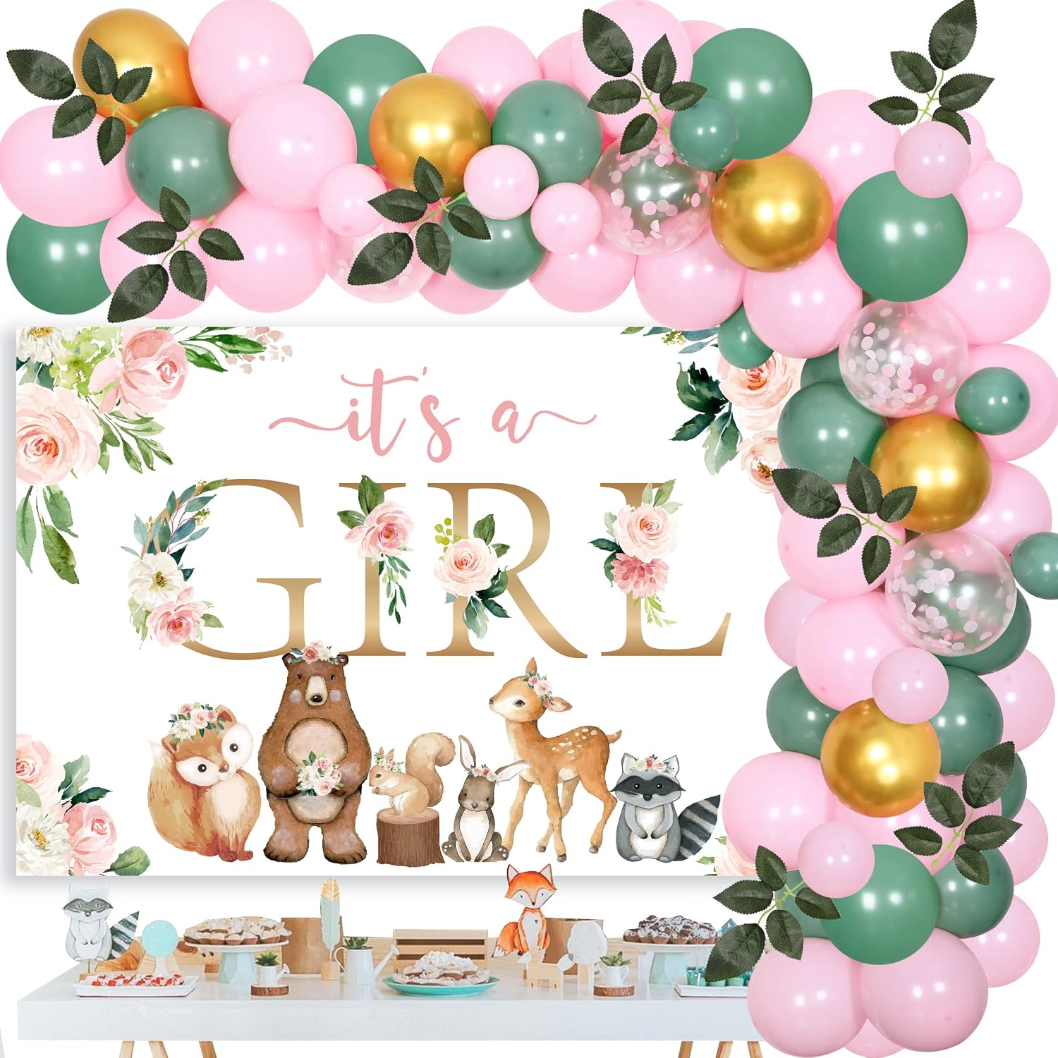 Woodland Baby Shower Decorations Girl Pink Balloon Garland Its a Girl Woodland Animals Backdrop Forest Theme Baby Shower Party Supplies