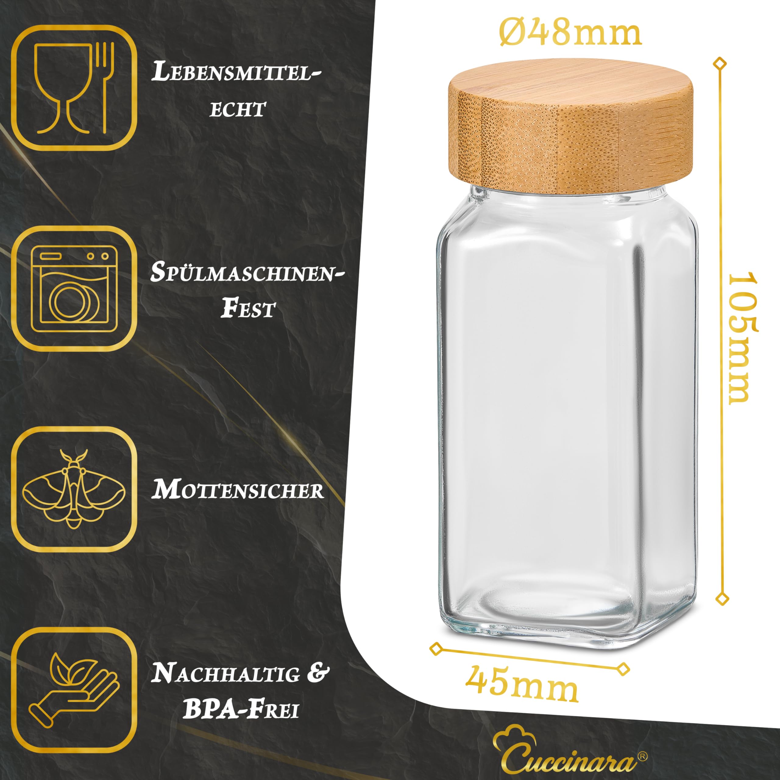 Lot de 24 pots à épices carrés de 120 ml avec 210 étiquettes, couvercle en bambou et inserts à saupoudrer (gros et fins) – Boîtes à épices hermétiques avec entonnoir, marqueur permanent et