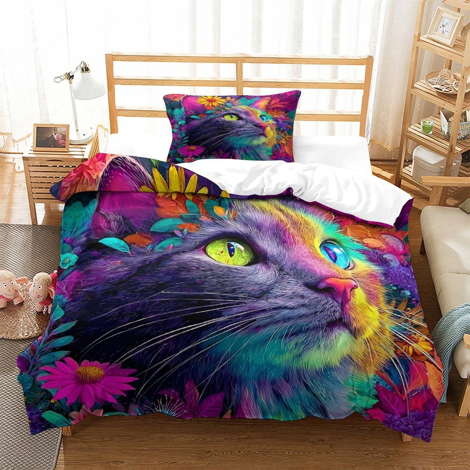 Housse de couette chat anti-plis en microfibre douce lit une place
