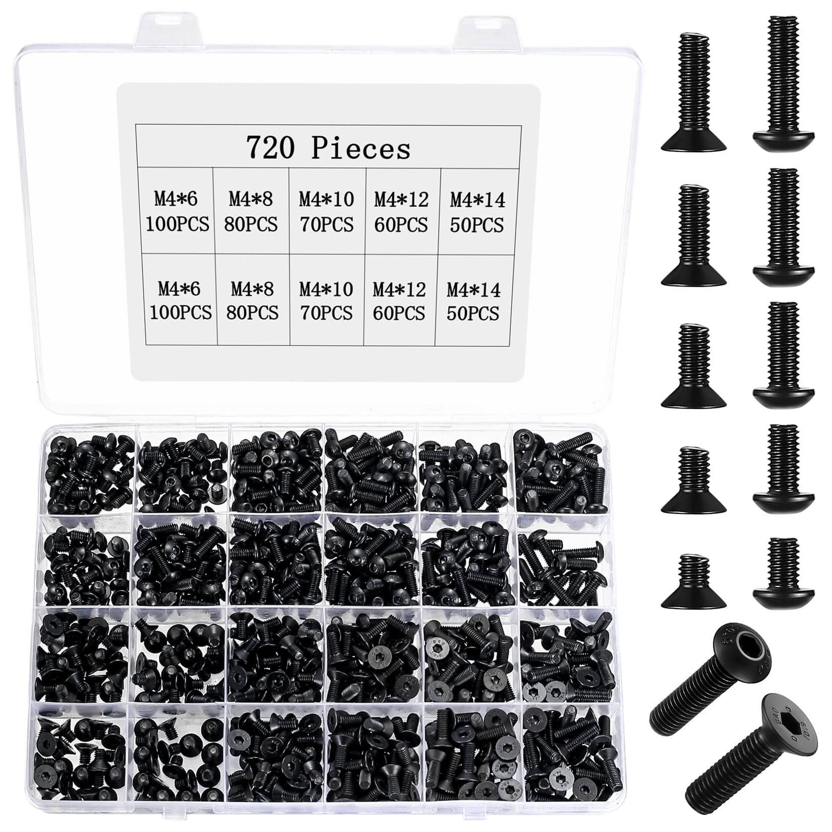 720 Pcs M4 Screws Set, Metric Black Bolts Set, Flat Countersunk Hex Socket Screw Set & Round Pan Head Hex Socket Head Cap Screws Bolts, Machine Screwsset