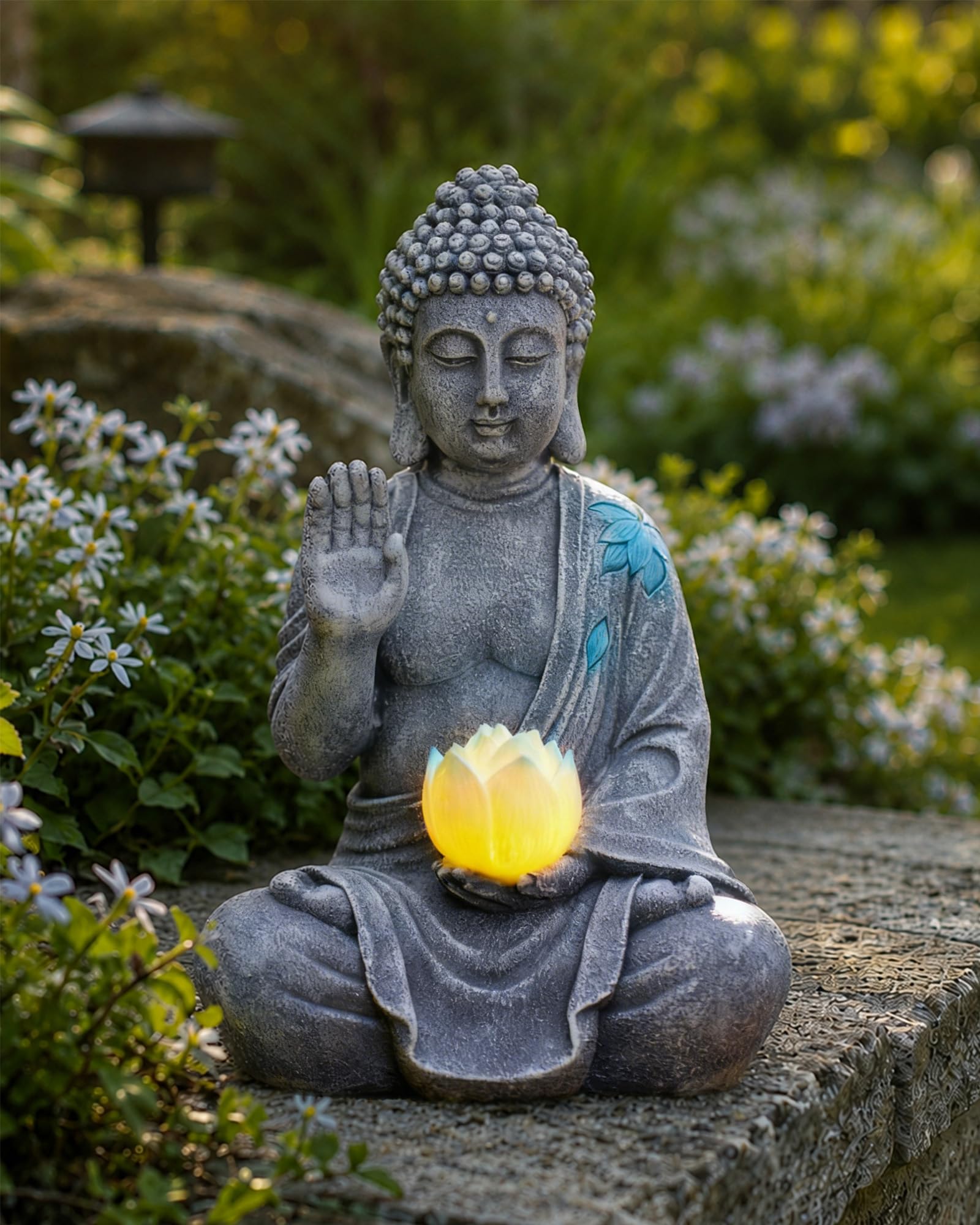 Yeomoo Statue de Bouddha avec LED solaire Lotus Décoration de jardin - Figurine de méditation résistante aux intempéries pour jardin Zen, salon Feng Shui, cadeau spirituel pour femmes, maman, hommes