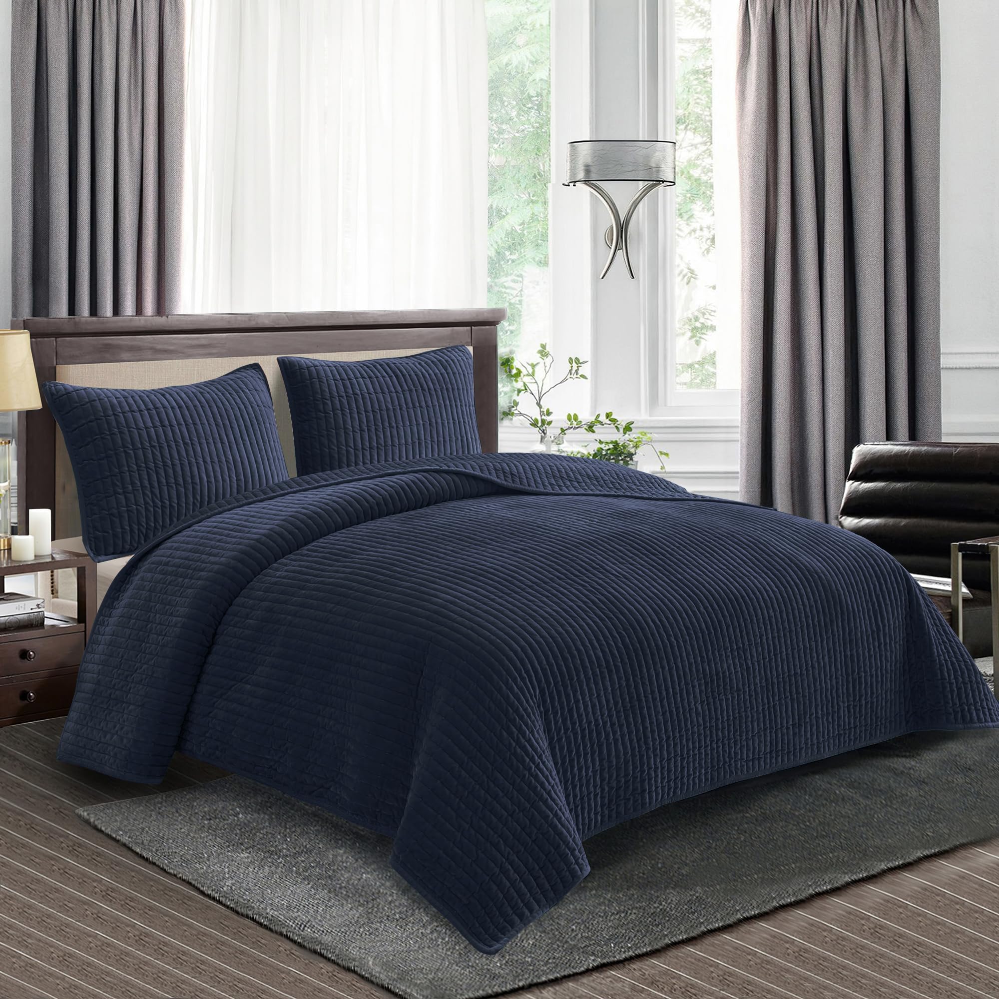 SHALALA Velvet Quilt King Size,Striped Bedding Set,Lightweight Velvet Comforter,Luxurious Cozy Bedspread and Coverlet with Soft Brushed Microfiber Back for All Season(Navy Blue,King)