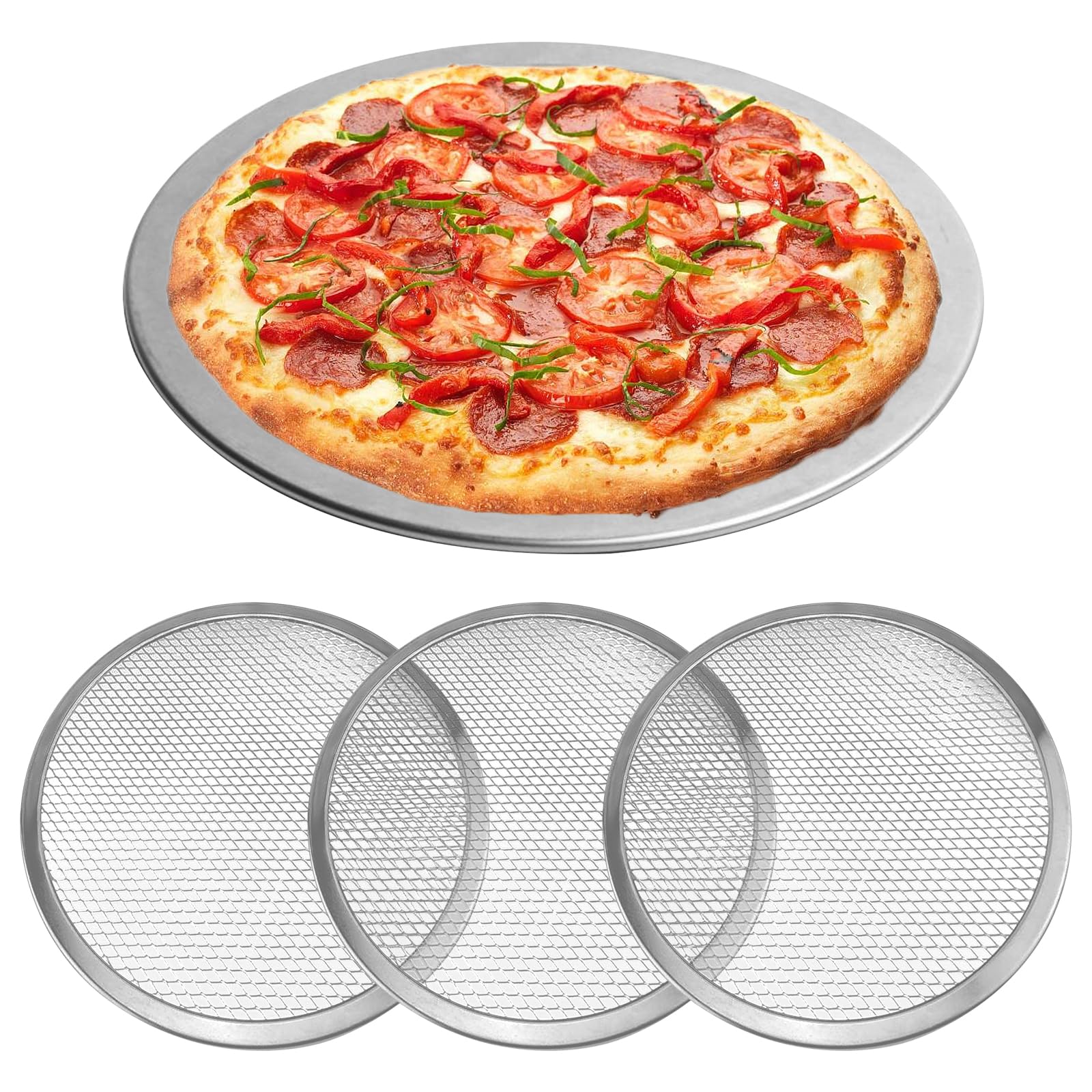 PRITOK 4 Pack Pizza Tray 12 Inch Aluminum Pizza Screen, Pizza Mesh Trays, Non Stick Pizz a Pan, Mesh Pizz a Tray, Round Baking Pan for Oven, Baking Trays for Oven Home Restaurant