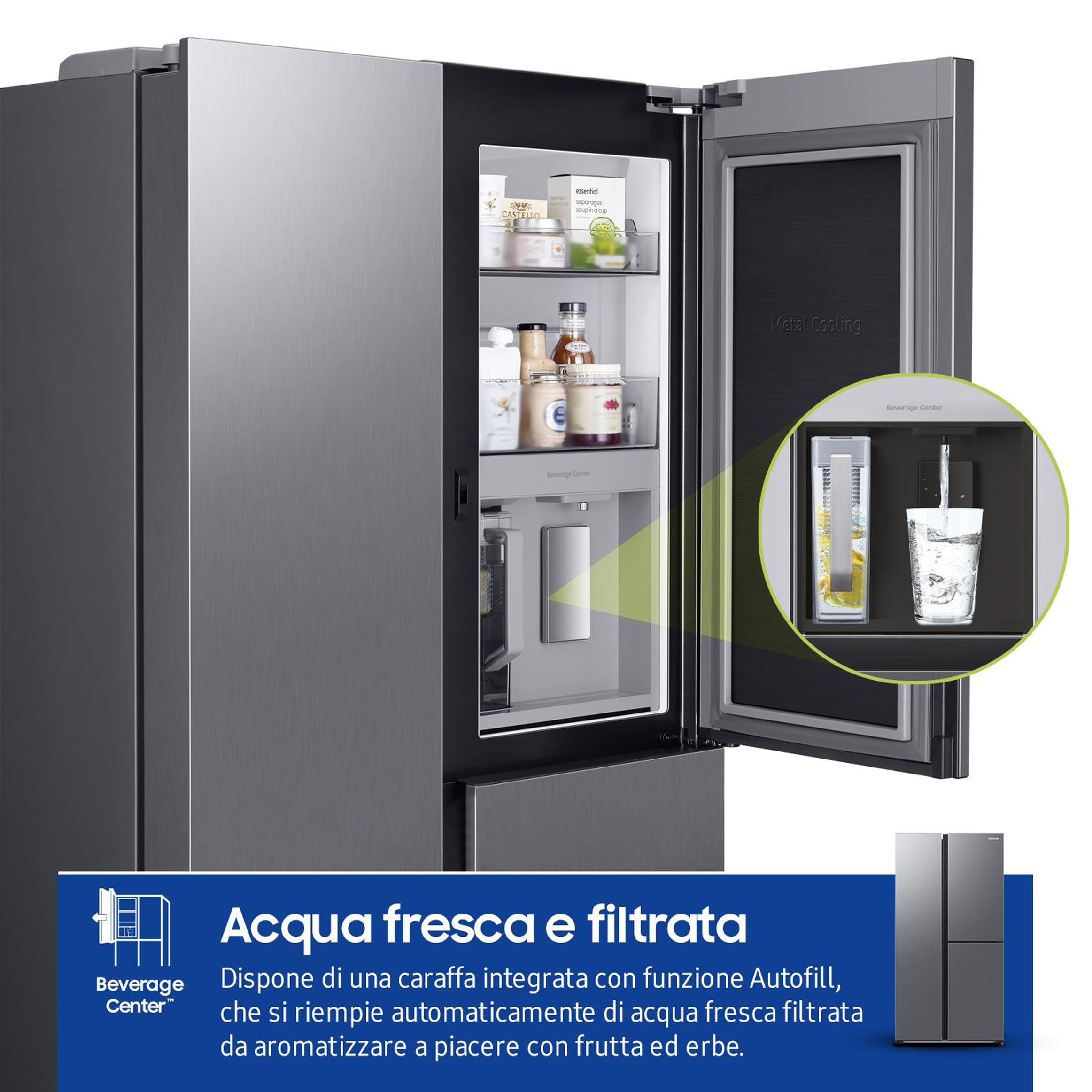 Samsung RH69CG895DS9EF Frigorifero Side by Side 645 L, 3 Porte, No Frost, Beverage Center, Dispenser Acqua e Ghiaccio, Digital Inverter, SpaceMax, Twin Cooling Plus, Wi-Fi SmartThings, Inox, Classe D