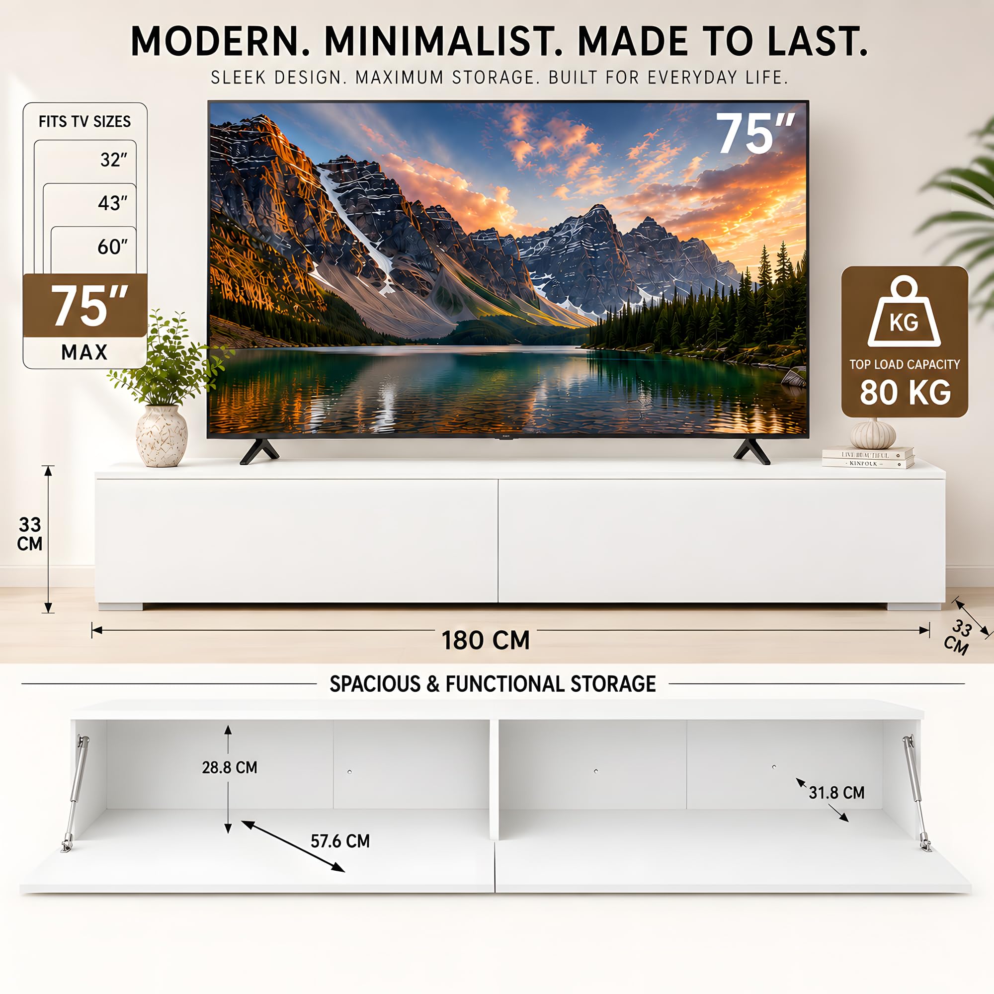 Mueble TV LED RGB 180 cm Blanco, suspendido o con Patas | Mueble TV LED RGB 180 cm con mando, 2 puertas abatibles, almacenaje cerrado y montaje en pared o con patas