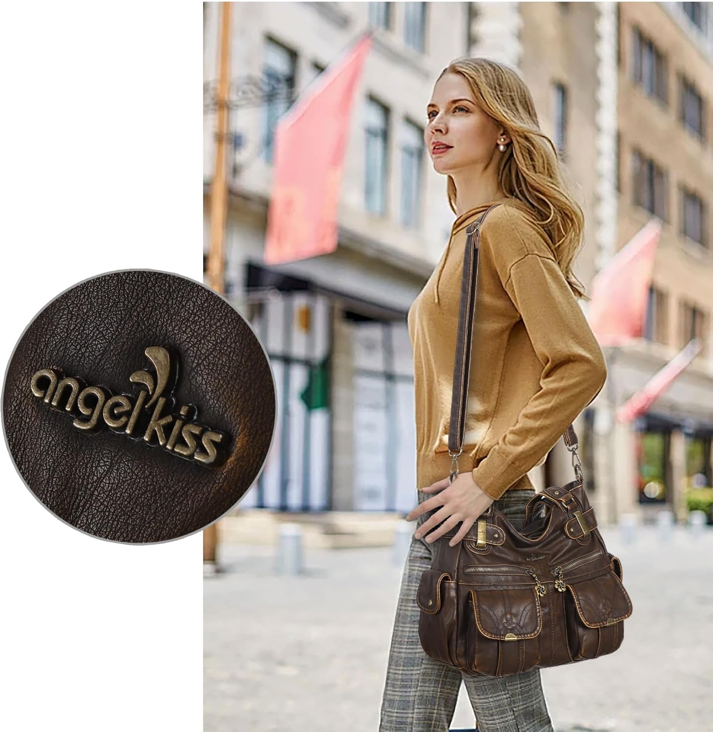 Angel Kiss Women's Designer Handbag Large Double Zipper Multi Pocket Washed Leather Purse - Image 3