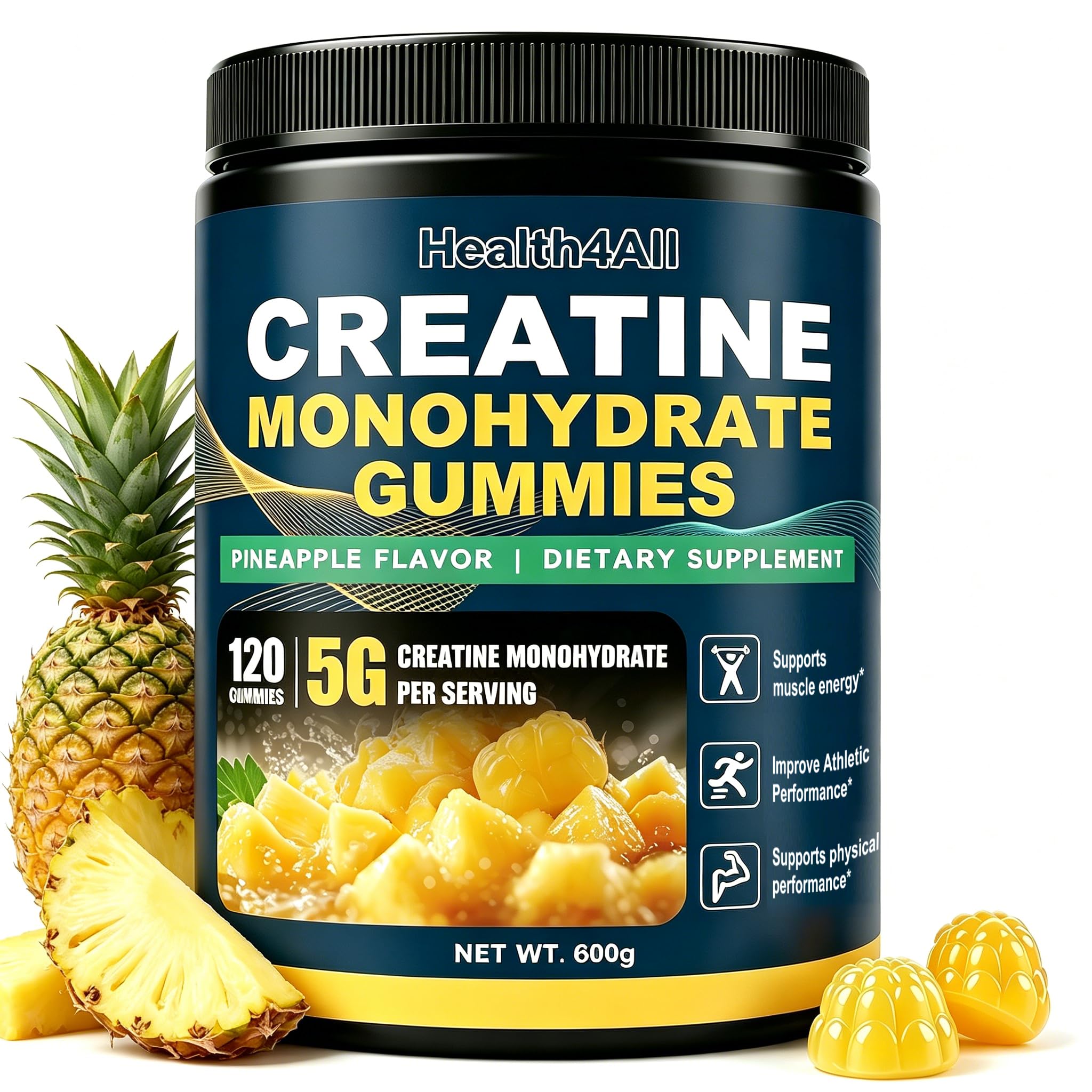 Health4All Creatine Monohydrate Gummies 5g for Men & Women, Creatine Gummy for Strength Energy & Muscle Growth Support Pre-Workout Supplement - Pineapple 120 Gummy