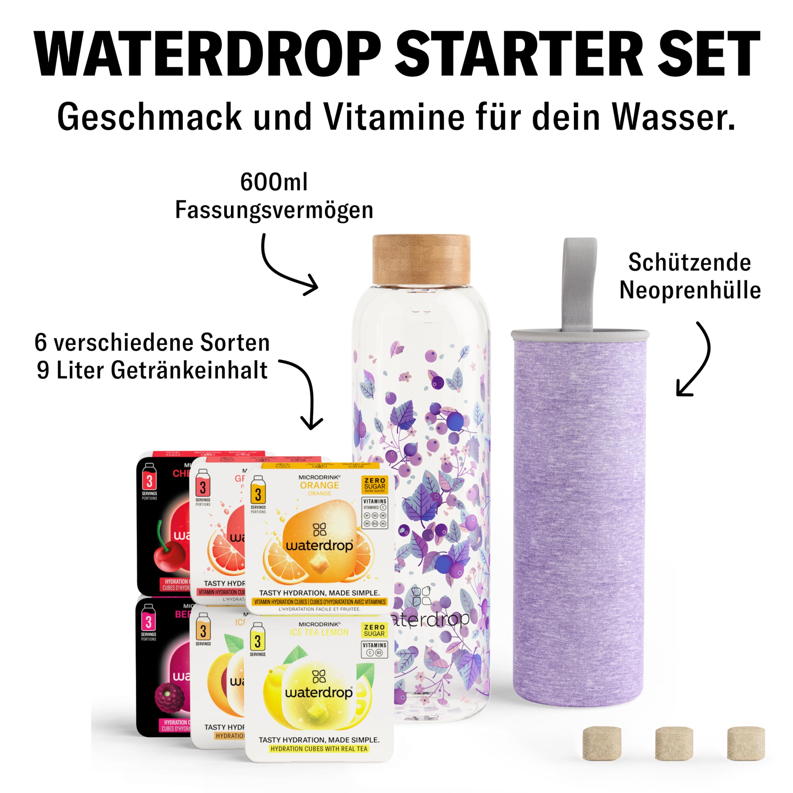 waterdrop® Flasche aus Glas 600ml inkl. 18 zuckerfreie Drops - Geschenk für Frauen - Probierpaket mit Wasserflasche, Flavor Drops & Vitaminen - auslaufsichere Trinkflasche & Kohlensäure geeignet