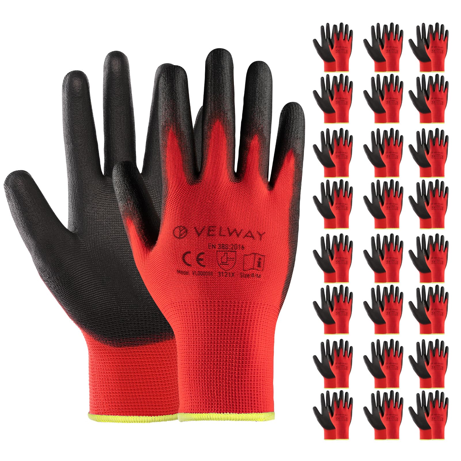 Velway 24 Pairs Safety Work Gloves PU Coated Secure Grip, Red, Size 8/M
