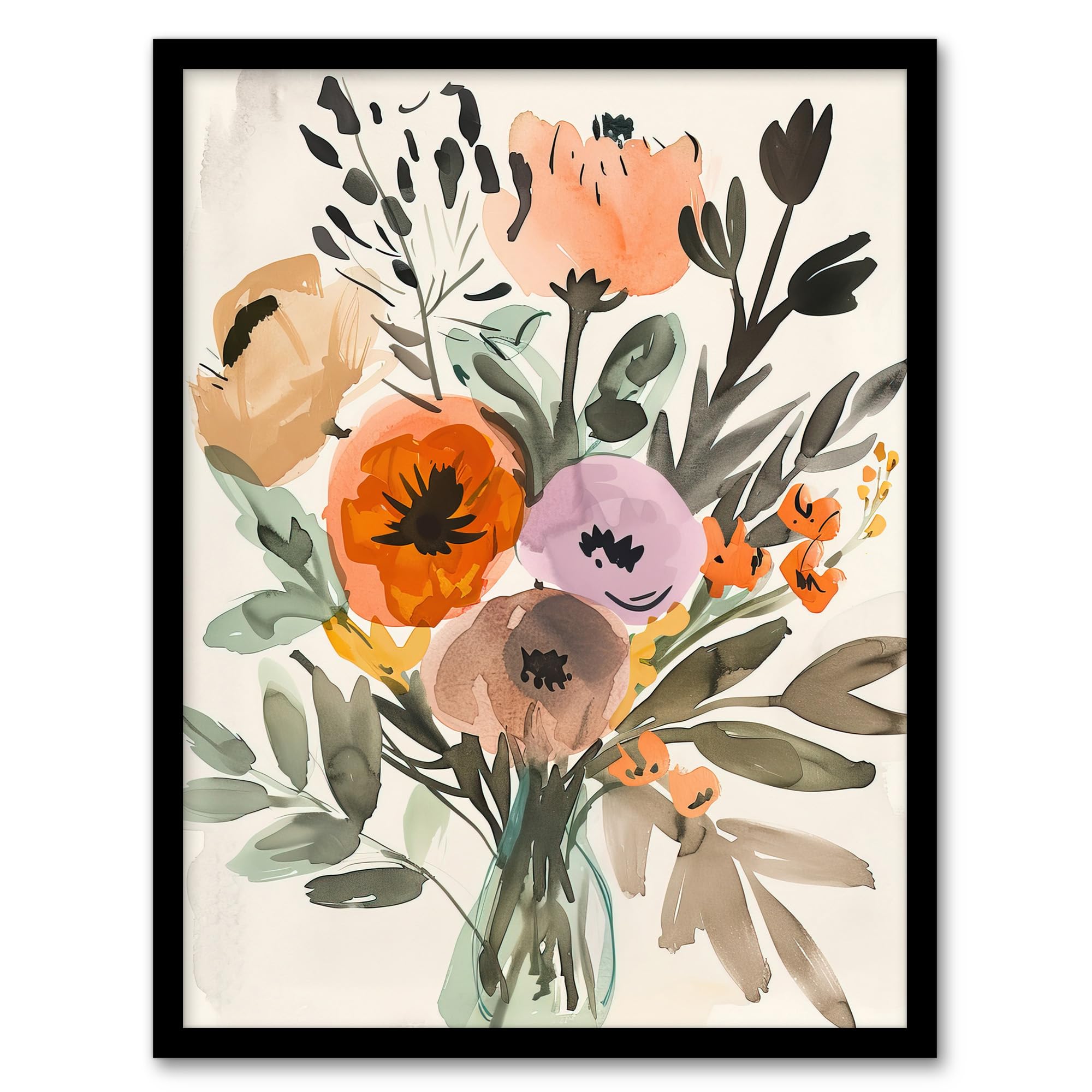 Artery8 Flower Bouquet Vase Abstract Floral Watercolour Living Room Artwork Framed Wall Art Print A4