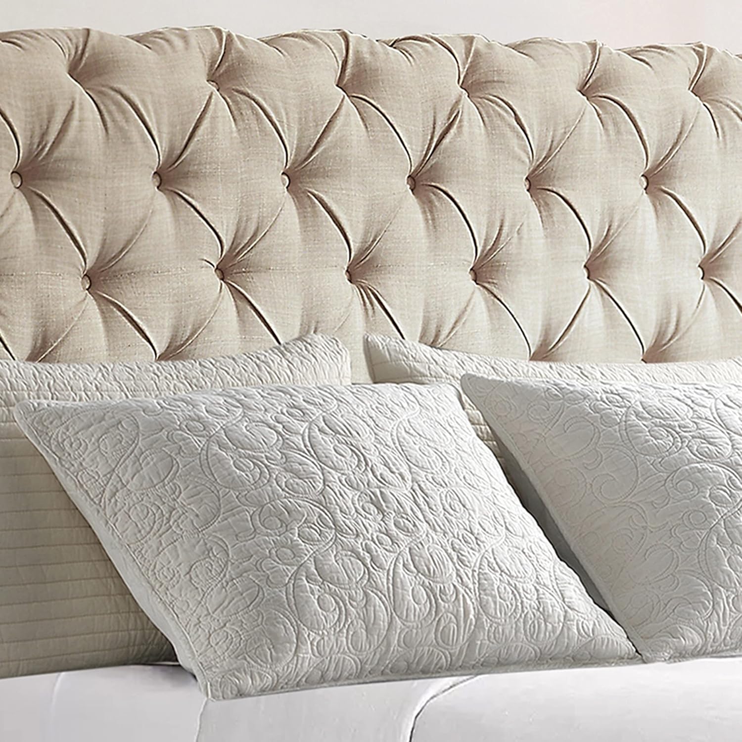 Rosevera Corrine Upholstered Bed Frame with Button Tufting Headboard/Adjustable Headboard/Rolled Head Headboard Bed Frame/Wood Slat Support/Easy Assembly,Queen,Classic Beige