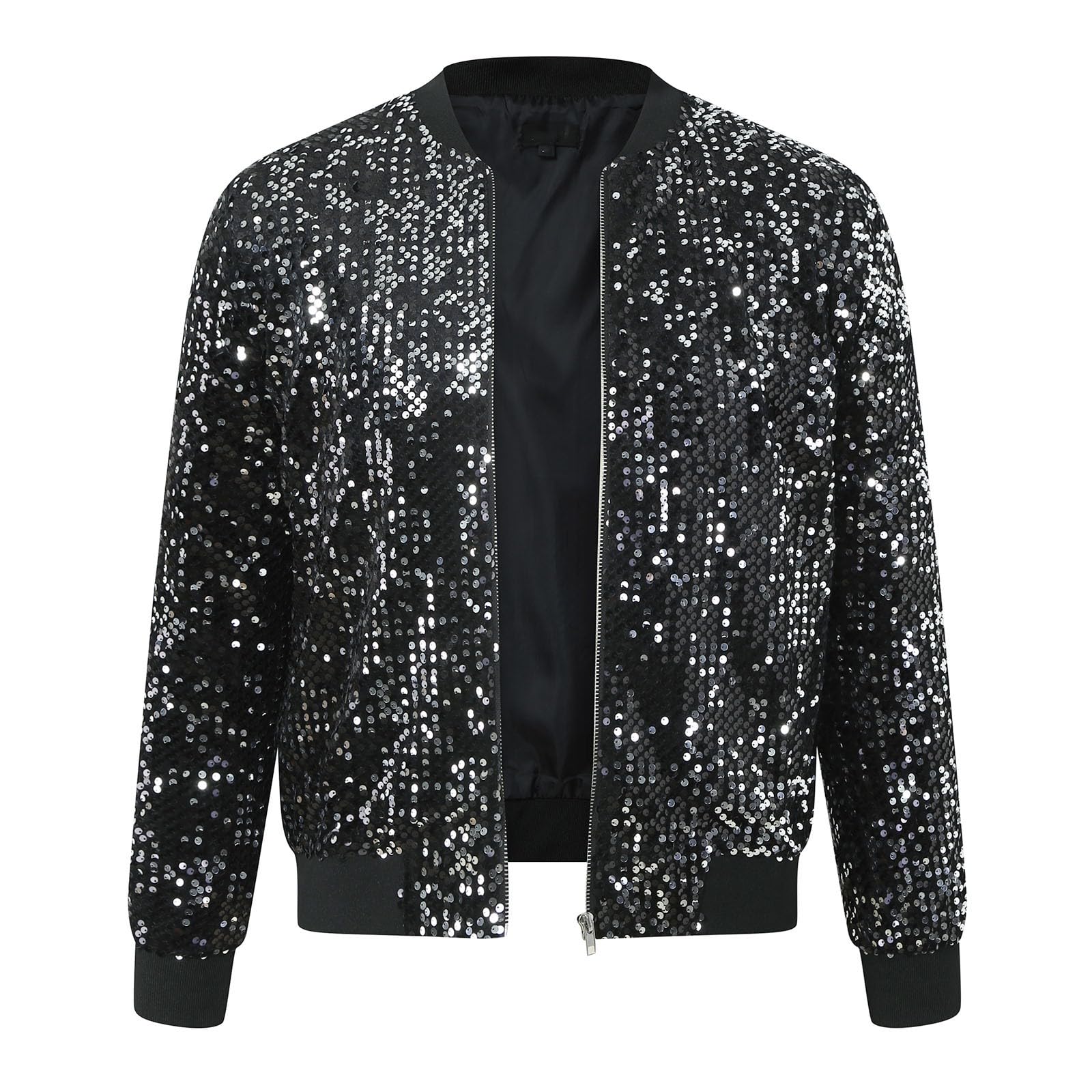 Veste Bomber Paillettes Baseball Homme 70 discothèque fête des années Brillant Pilote Sequins métallisées années Baseball Carnaval Costume homme Blazer paillettes Coupe ajustée Noir doré carnaval