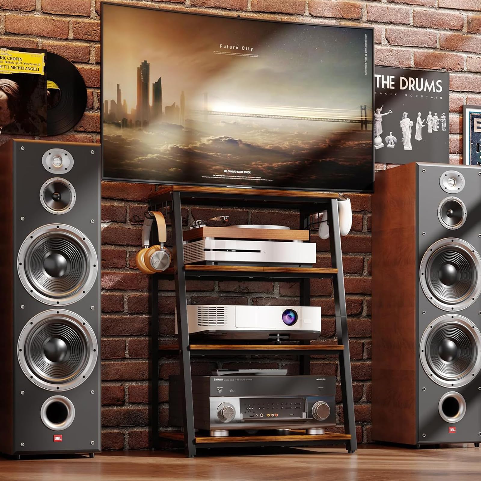 TWSOUL Rack HiFi a 4 livelli, giradischi, in legno e acciaio, torre audio, scaffale da gioco in legno con ripiani aperti, per giradischi e impianti stereo e impianto compatto, 48 x 36 x 80 cm