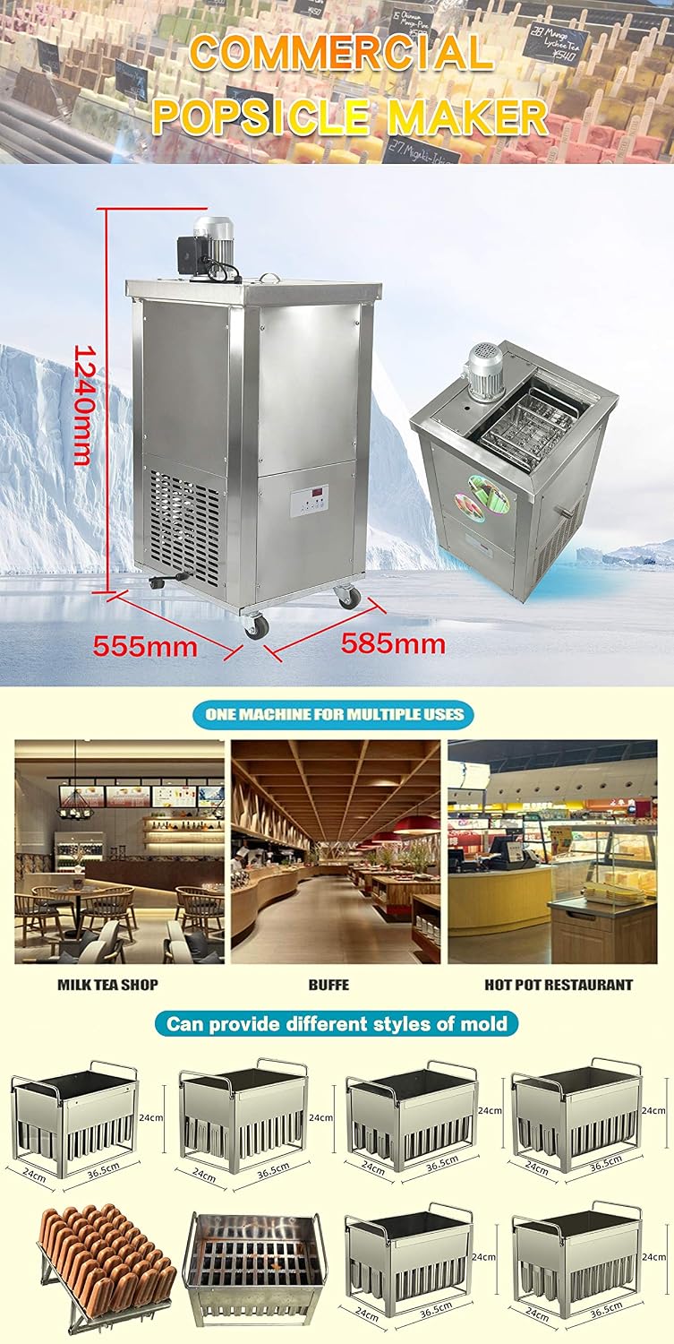 Commercial Single Mold Ice Popsicle Machine, 110V Stainless Steel Ice Lollipop Machine Ice Pop Maker - 30 pcs Popsicle Stick/Mold Set