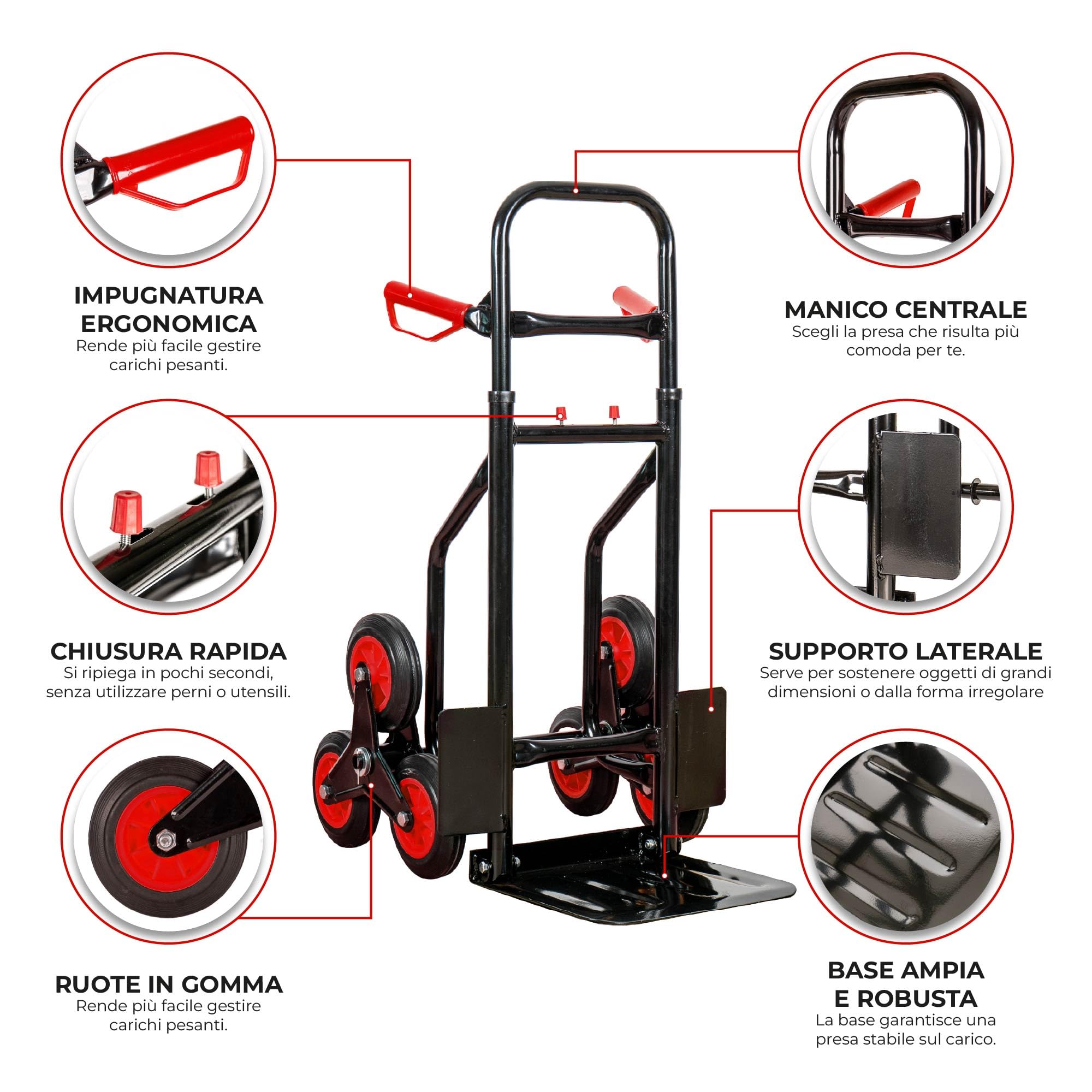 IlGruppone Carrello Portapacchi per Scale Pieghevole con 6 Ruote in Gomma Portatutto capacità Carico 150 kg Altezza Regolabile - Rosso