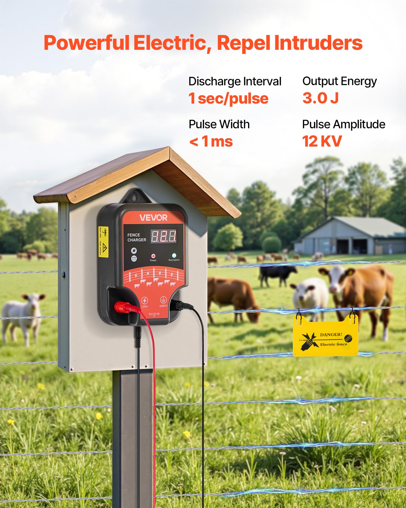 VEVOR Ładowarka do ogrodzeń elektrycznych, 10 kV, 3 J, ogrodzenie elektryczne AC/DC z wyświetlaczem LED, zapobiega przedostawaniu się dzikich zwierząt do drobiu hodowlanego