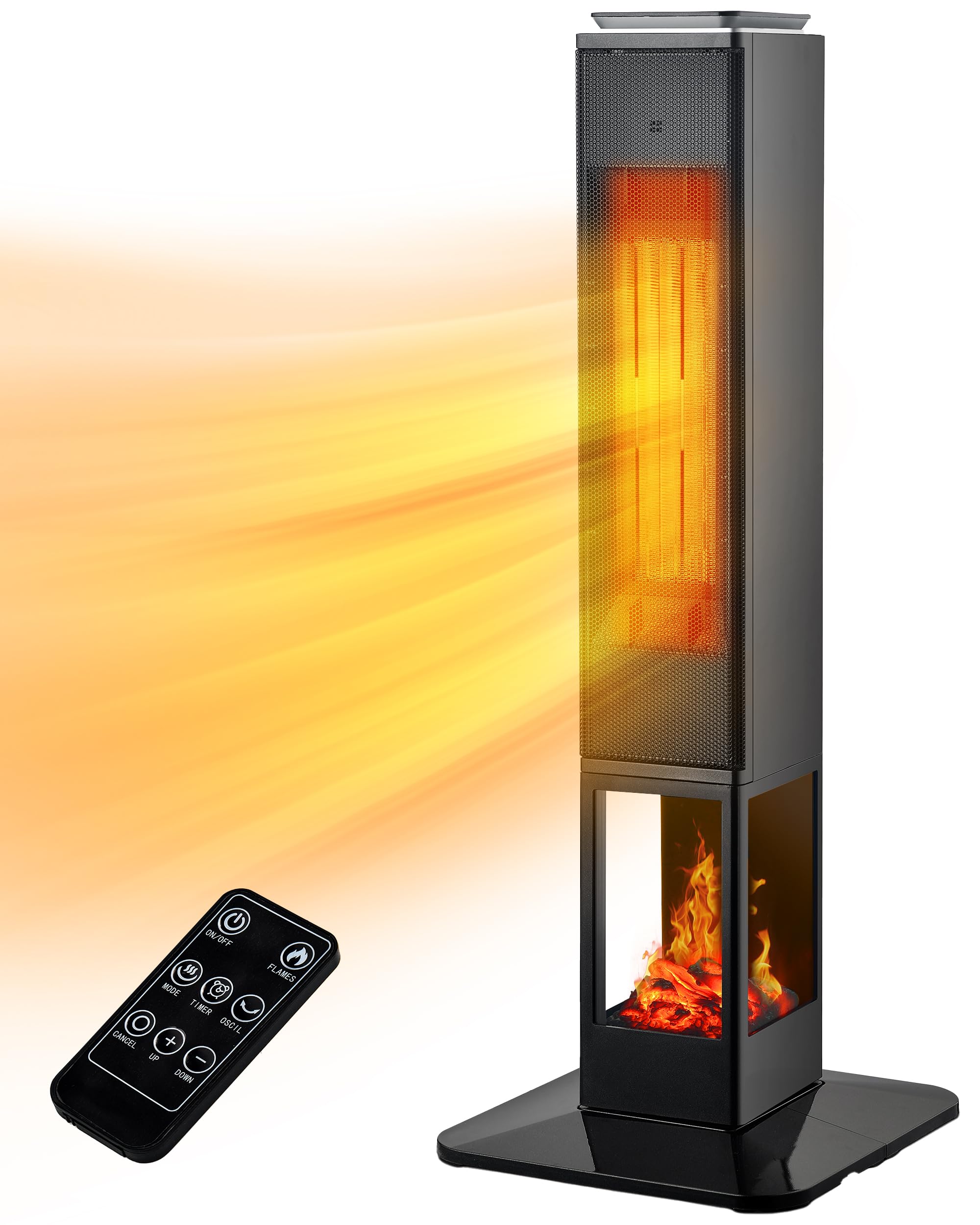 Uthfy Space Heater for Indoor Use Large Room, Tower Space Ceramic Heater with Flame, 24H Timer, Thermostat, Remote, Oscillation, Electric Heater for Office, Room, Bedroom