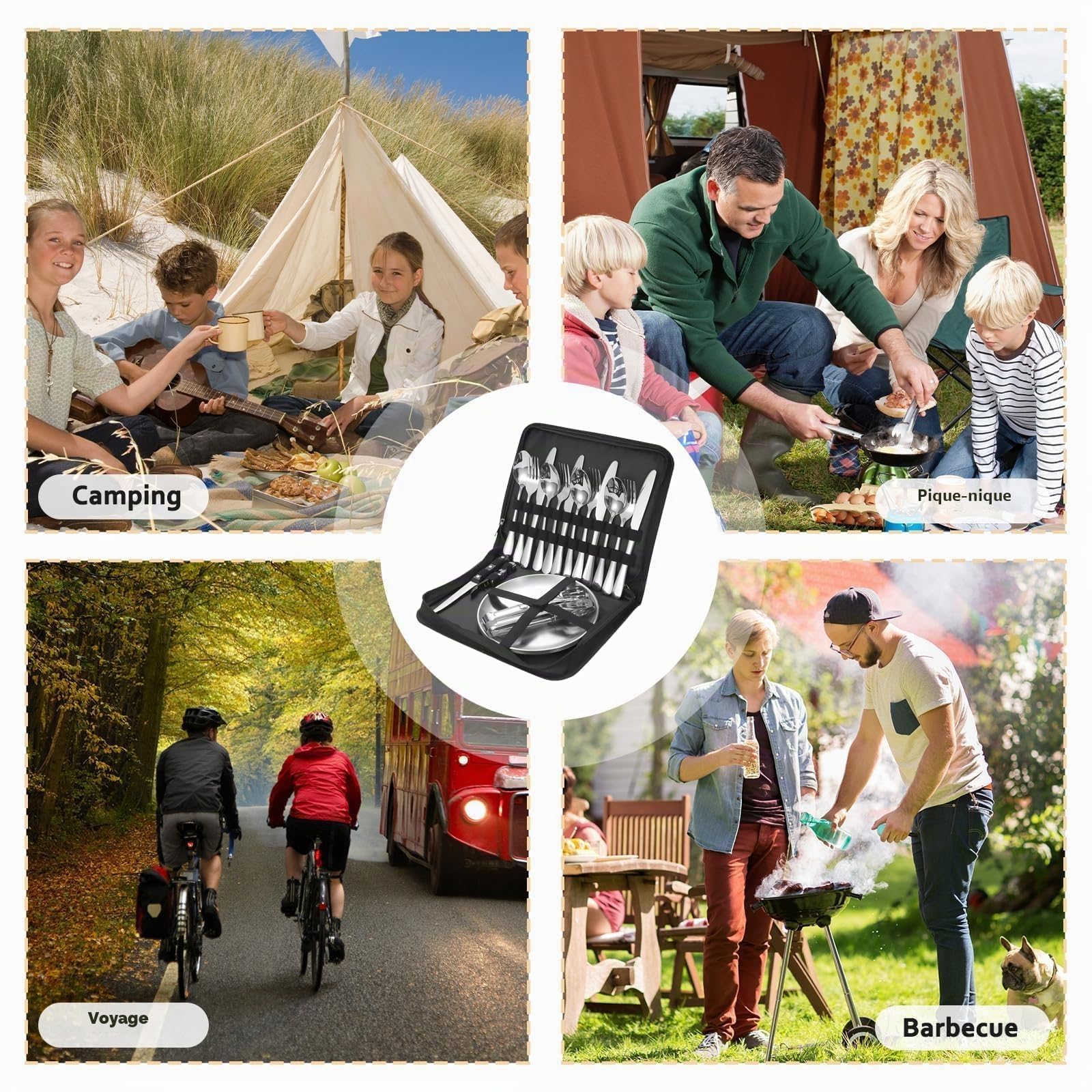 Couverts de Camping en Acier Inoxydable pour 4 Personnes avec cuillère, Fourchette, Couteau, Assiette Clip