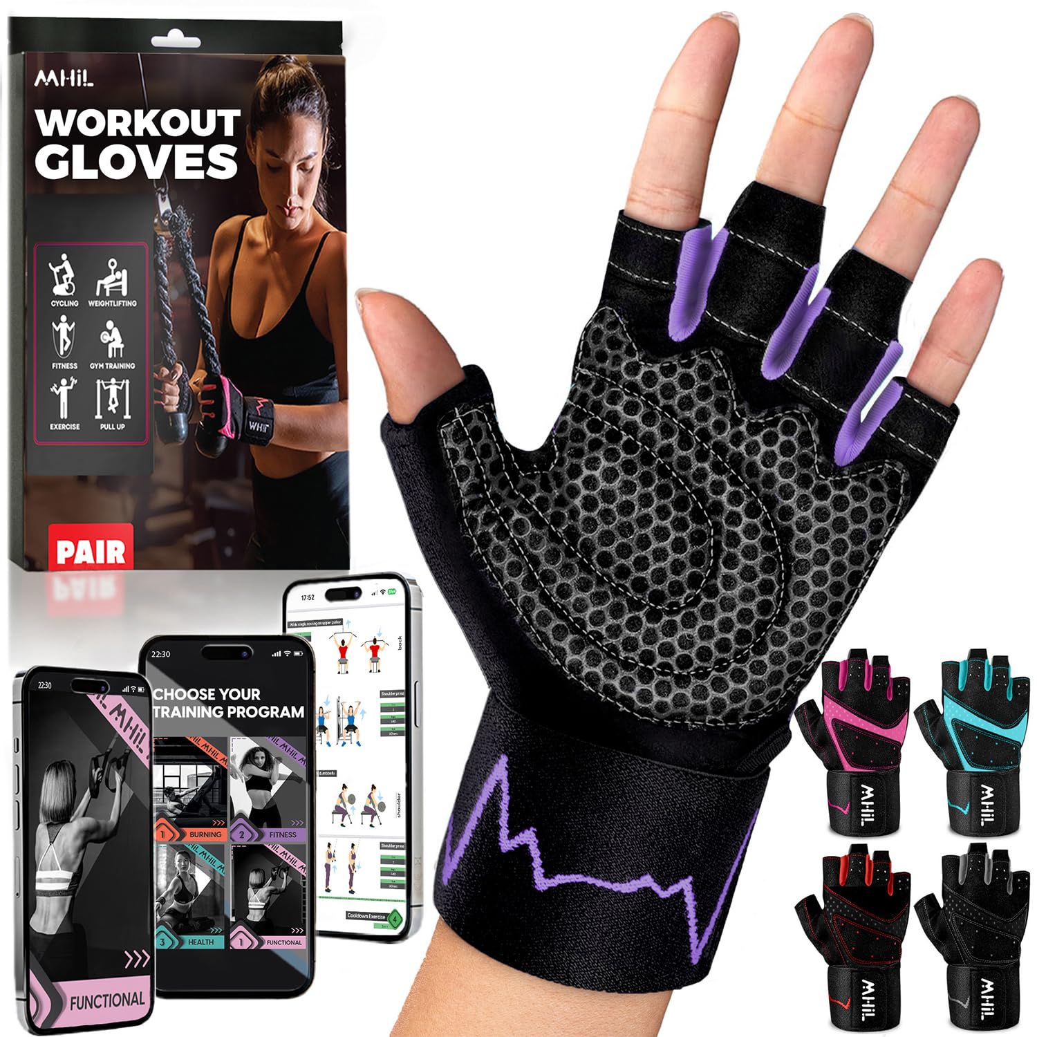 MhIL Workout Gloves for Women - Breathable Fitness Gloves for Women with Palm Protection and Improved Grip - Padded Weight Lifting Glove for Women with Wrist Wraps