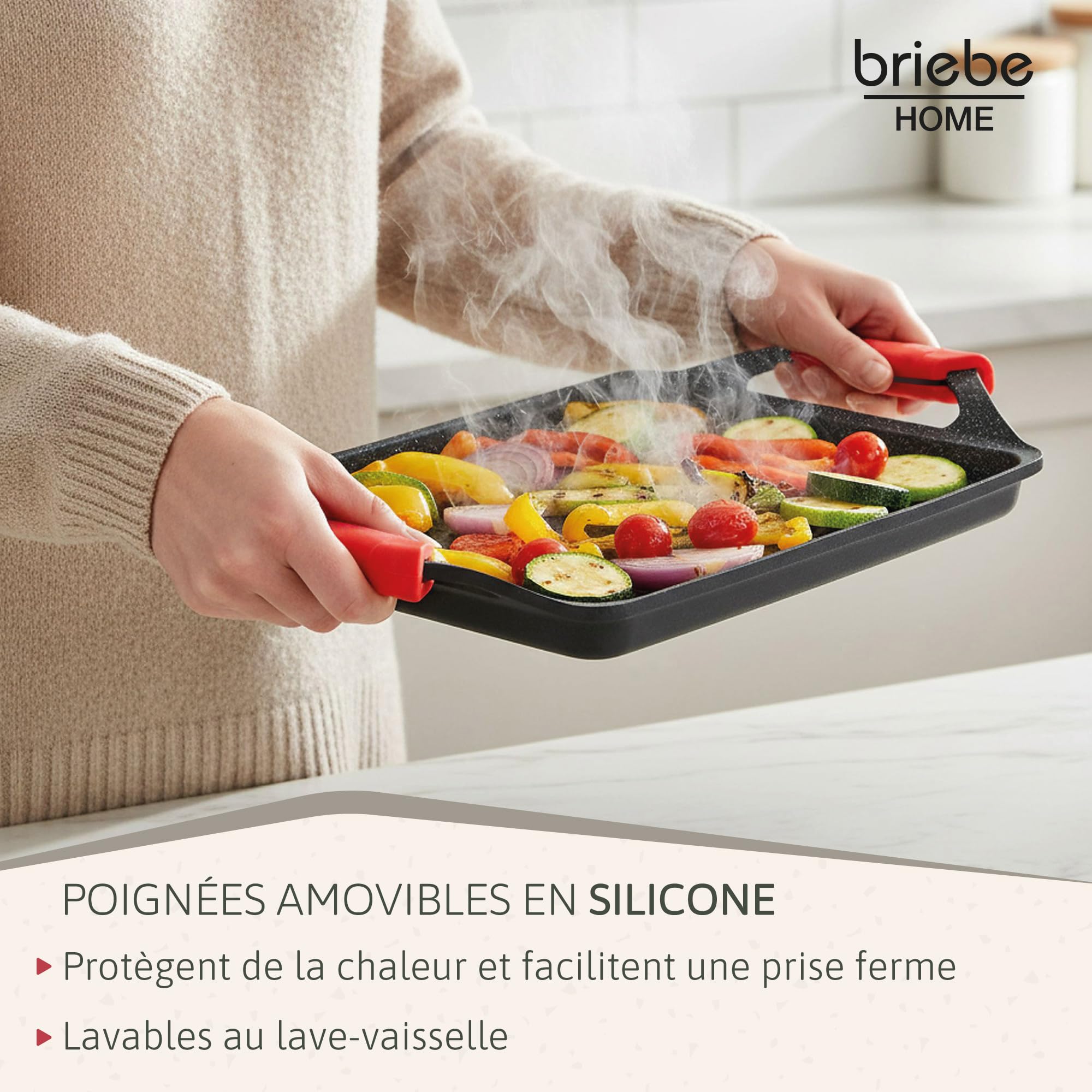 briebe Black Titanium Plaque à Griller Induction Anti-adhésif Titane, Fonte d'Aluminium, Plancha Grill 43 X 25cm, Revêtement sans PFOA, Poignées en Silicone, Vitrocéramique, Gaz, Four