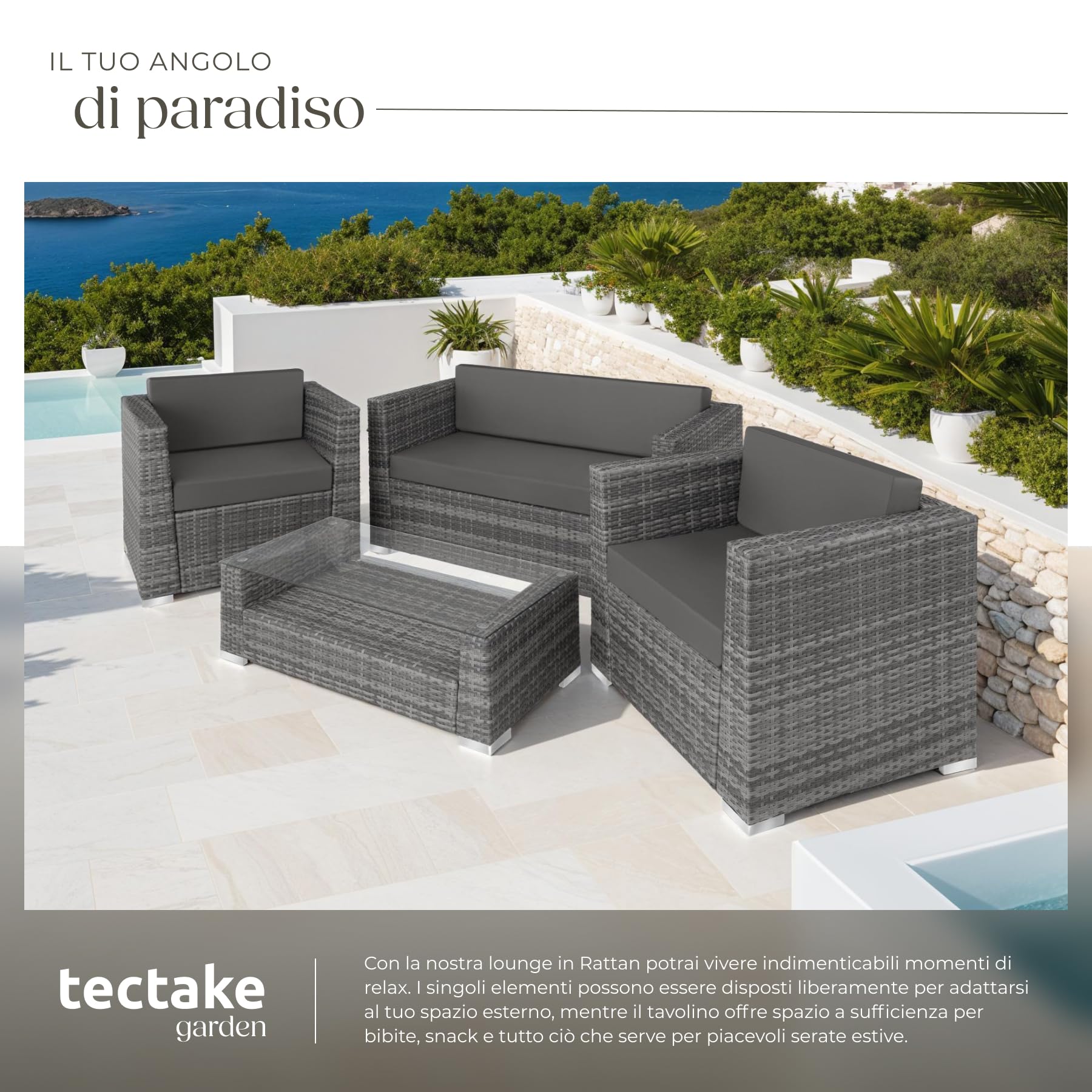 tectake® Set di Mobili da Esterno in Rattan e Alluminio, 1 Divano, 2 Poltrone, 1 Tavolino Salotto con Lastra in Vetro, Set di Rivestimenti per Cuscini, 4 Cuscini Extra Inclusi - Grigio