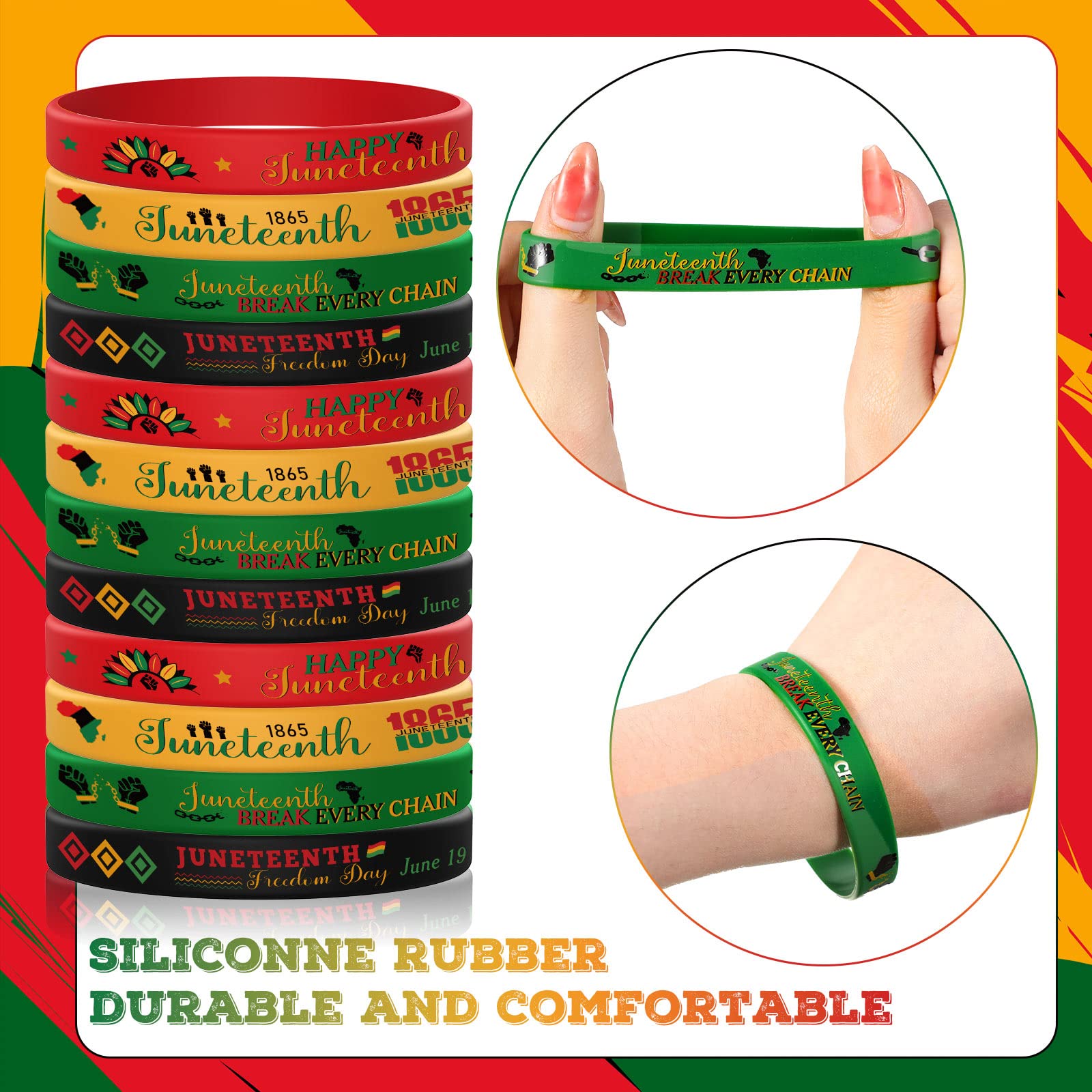 Highergo 200 Pcs Happy Juneteenth Day Party Favors Juneteenth Silicone Bracelets 1865 Black American Independence Bracelets Black Freedom Day Silicone Wristbands Juneteenth Gifts for Teens Adults