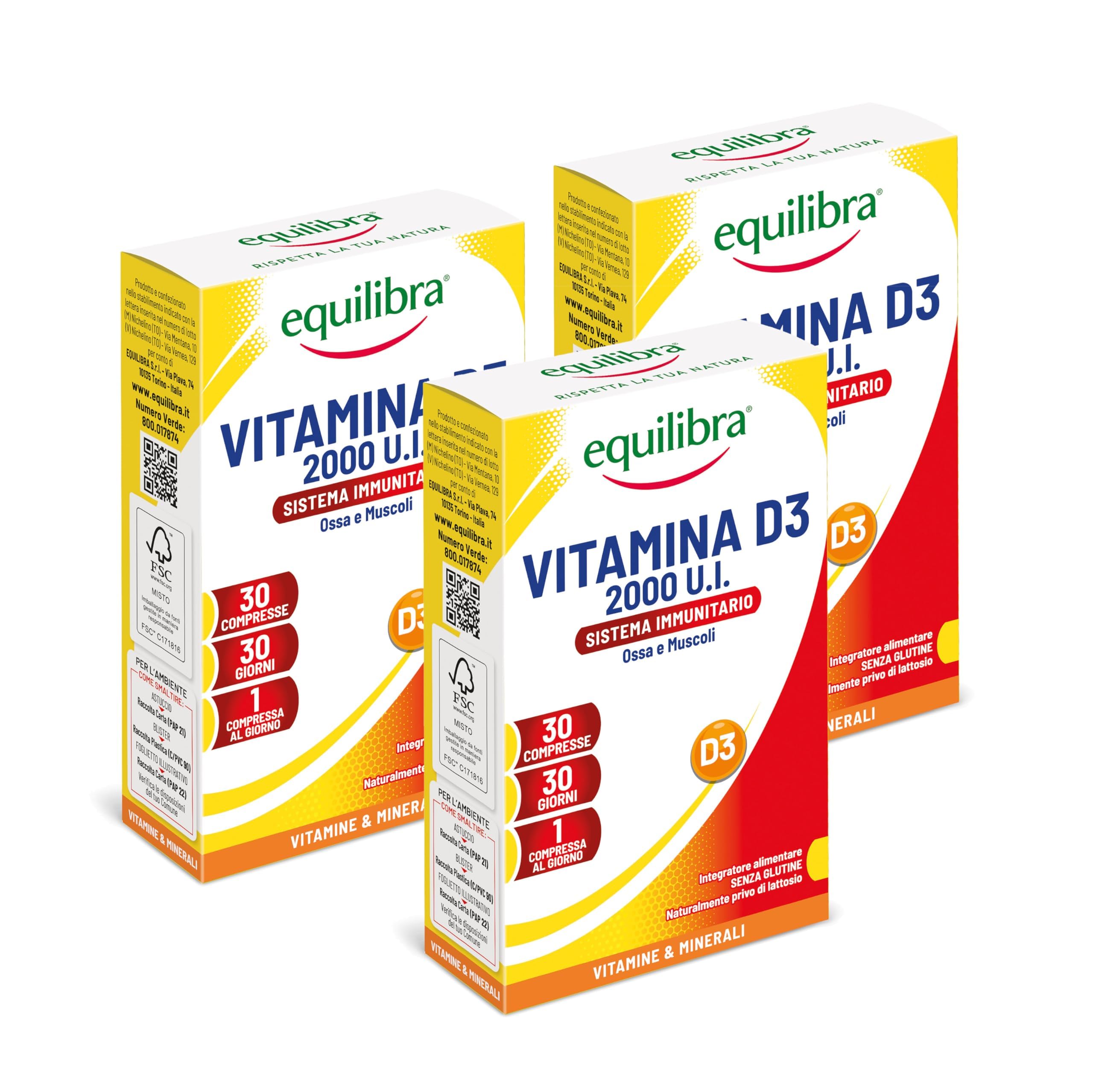 Equilibra Integratori Alimentari, Vitamina D3, Integratore Vitamina D3 per la Normale Funzione del Sistema Immunitario, per il Mantenimento di Ossa Normali, 2000 UI, 3 Pezzi da 30 Compresse Altodosate