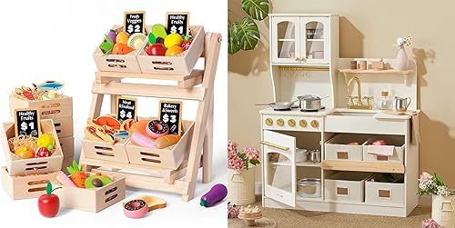 Tiny Land Juego de cocina con sistema de almacenamiento, juguetes y cafetera para niños, juego de cocina de madera para niñas y niños