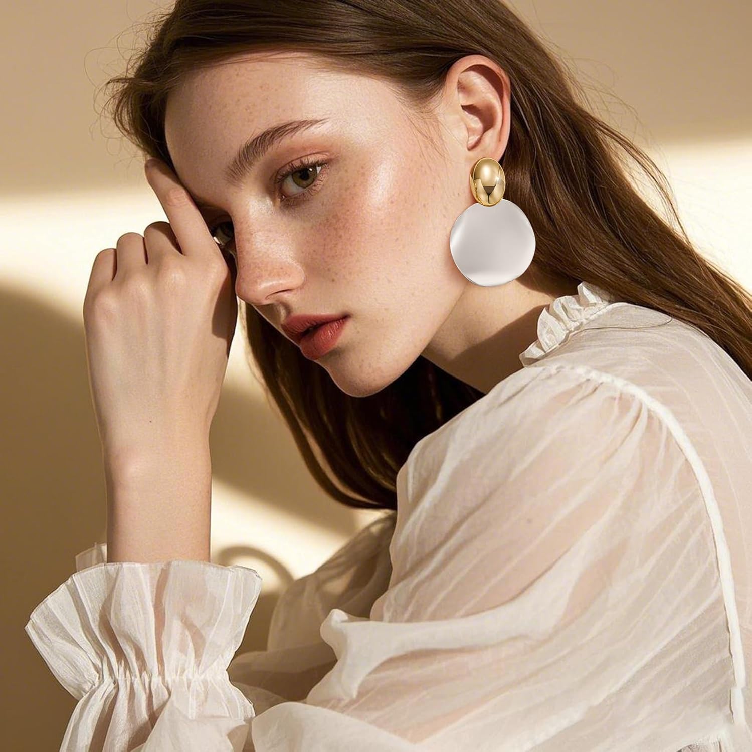 FAMARINE Big Disc Drop Earrings Gold Dangle Earrings Round Hammered Earrings Women - Image 3