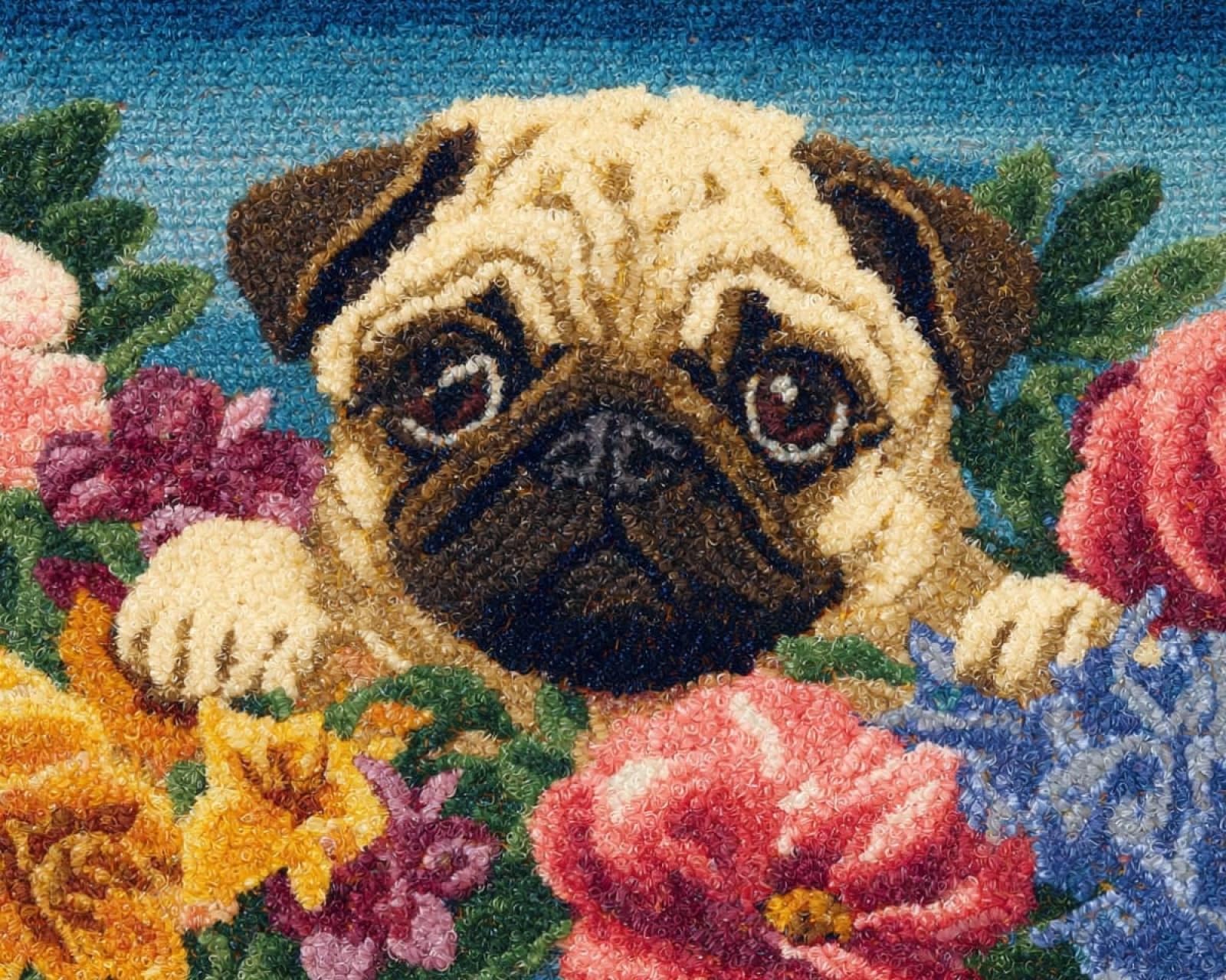 Wallphantom Latch Hook Kits for Adults Rug,Pugs and Flowers,Latch Hook Kits DIY Crochet Handcraft Rug Hooking Kit for Kids and Adults,55x75cm