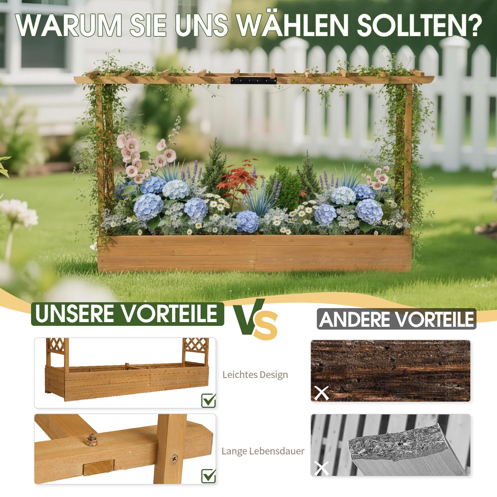 LEADZM pflanzkübel mit rankgitter, Holz Blumenkasten mit rankgitter Ablauflöchern, Hochbeet Balkon für Kletterpflanzen & hängende (Breitere Version(200 x 45 x 113 cm))