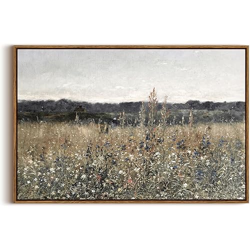InSimSea Framed Canvas Wall Art Vintage Decor, Large Wall Art, Meadow with Flowers Landscape Wall Art Prints, Modern Farmhouse Cottagecore Bedroom Bathroom Office Decoration, 20"x30"