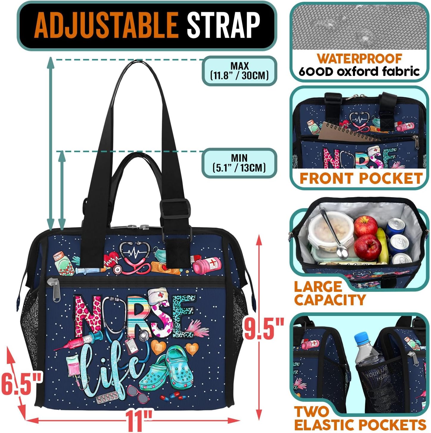 84hoods Large Lunch Box for Women. Insulated Lunch Bag for Work Office Travel Picnic with Adjustable Strap. Nurse Gift. Nurse Life. - Image 3