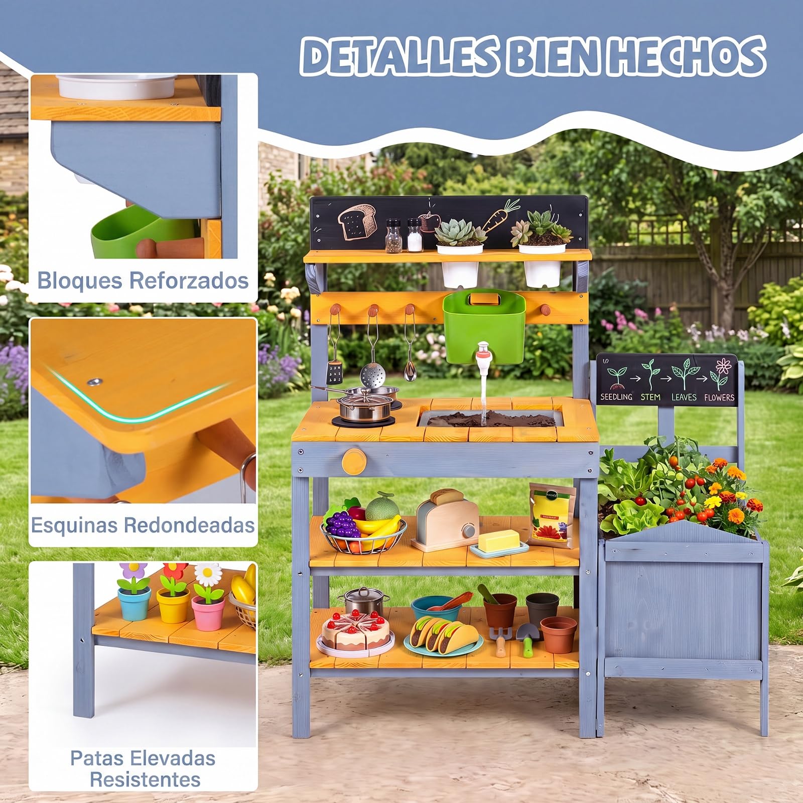 COSTWAY Cocina de Barro Exterior para Niños, Cocinita de Madera Infantil | con Jardinería, Estantes, Pizarras, Fregadero, Depósito de Agua, Macetas, Sartén, Juego de Rol para 3+ Años