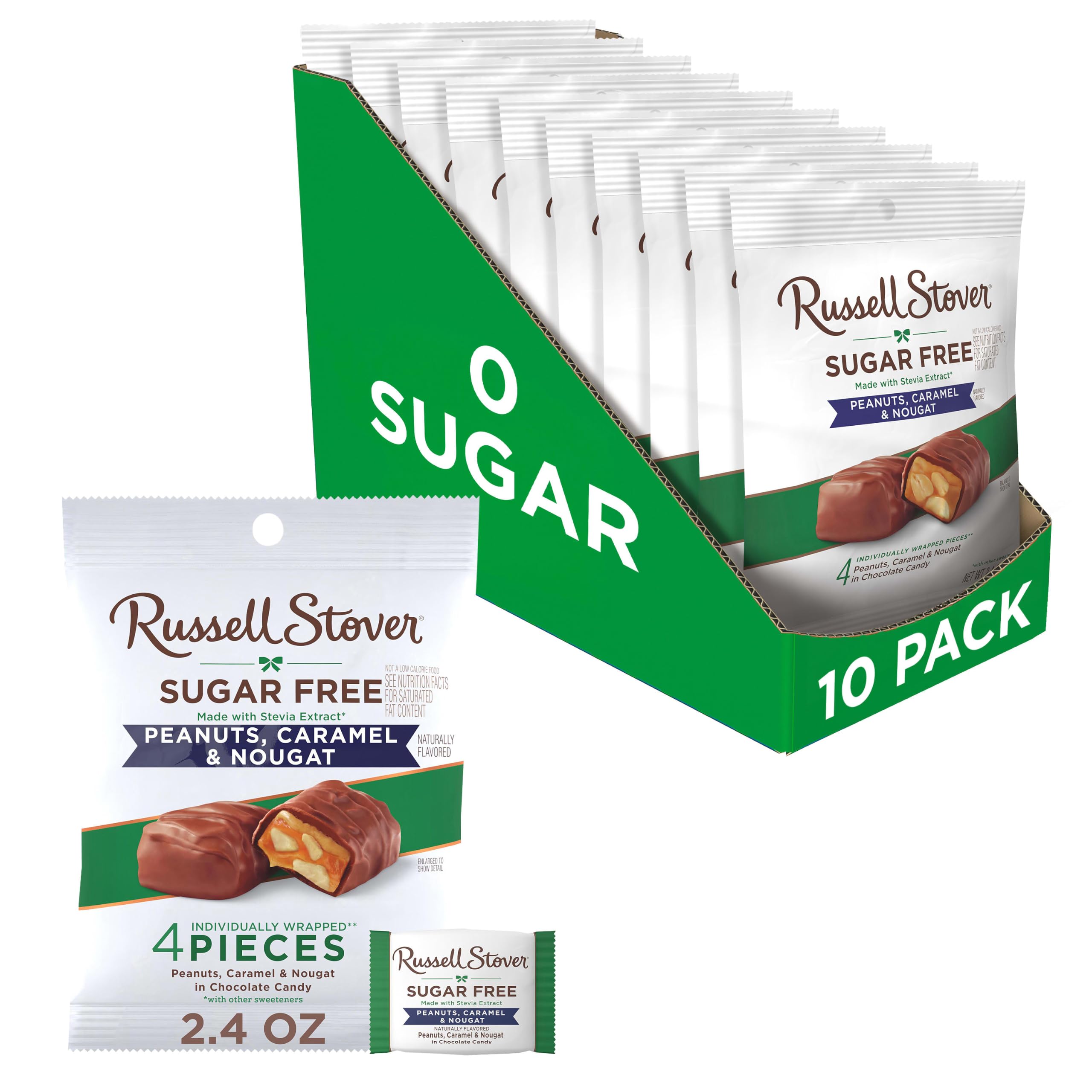 Russell Stover Sugar Free Peanut Caramel Nougat Chocolate Candy 2.4oz 10pk
