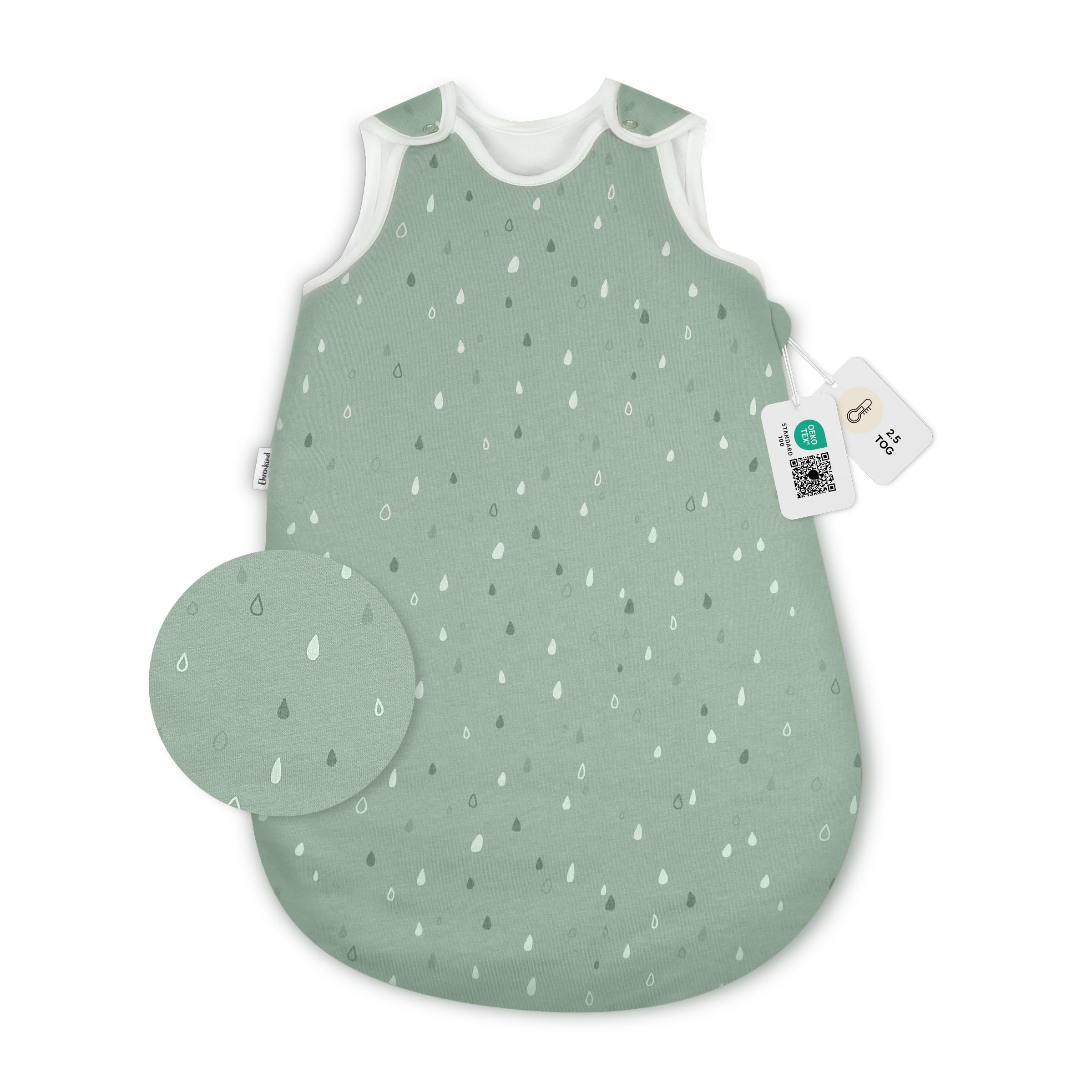 Ehrenkind® Babyschlafsack | Rund 2.5 TOG | Bio-Baumwolle | Ganzjahres Schlafsack Gr. 50/56 Jade Tropfen | Oeko-Tex | Winter und Sommer für Kinder