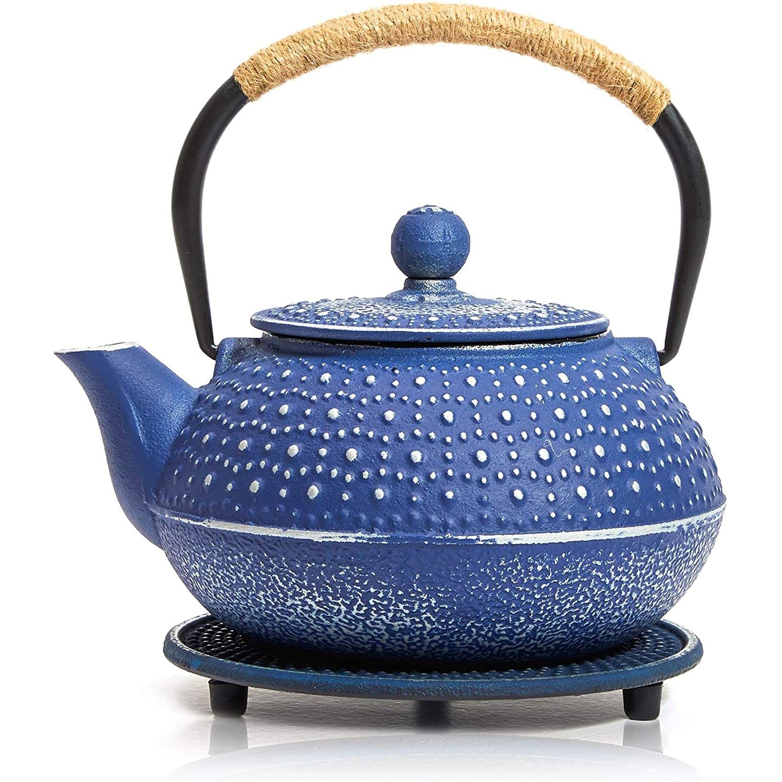 JuvaleCast Iron Teapot with Infuser - Japanese Tea Kettle, Loose Leaf Tetsubin with Handle and Trivet (Blue, 3 Pcs, Holds 27 oz, 800 ml)