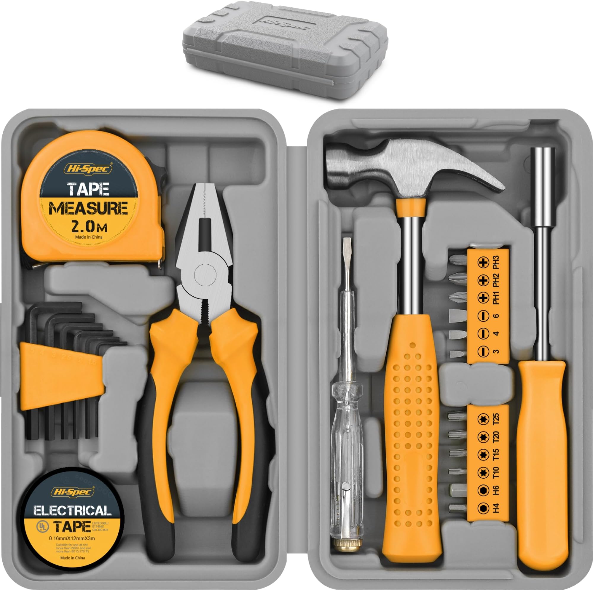 – 24pc Yellow Household DIY Tool Kit. Small Mini Box Set of Starter Basic Tools for Home & Office