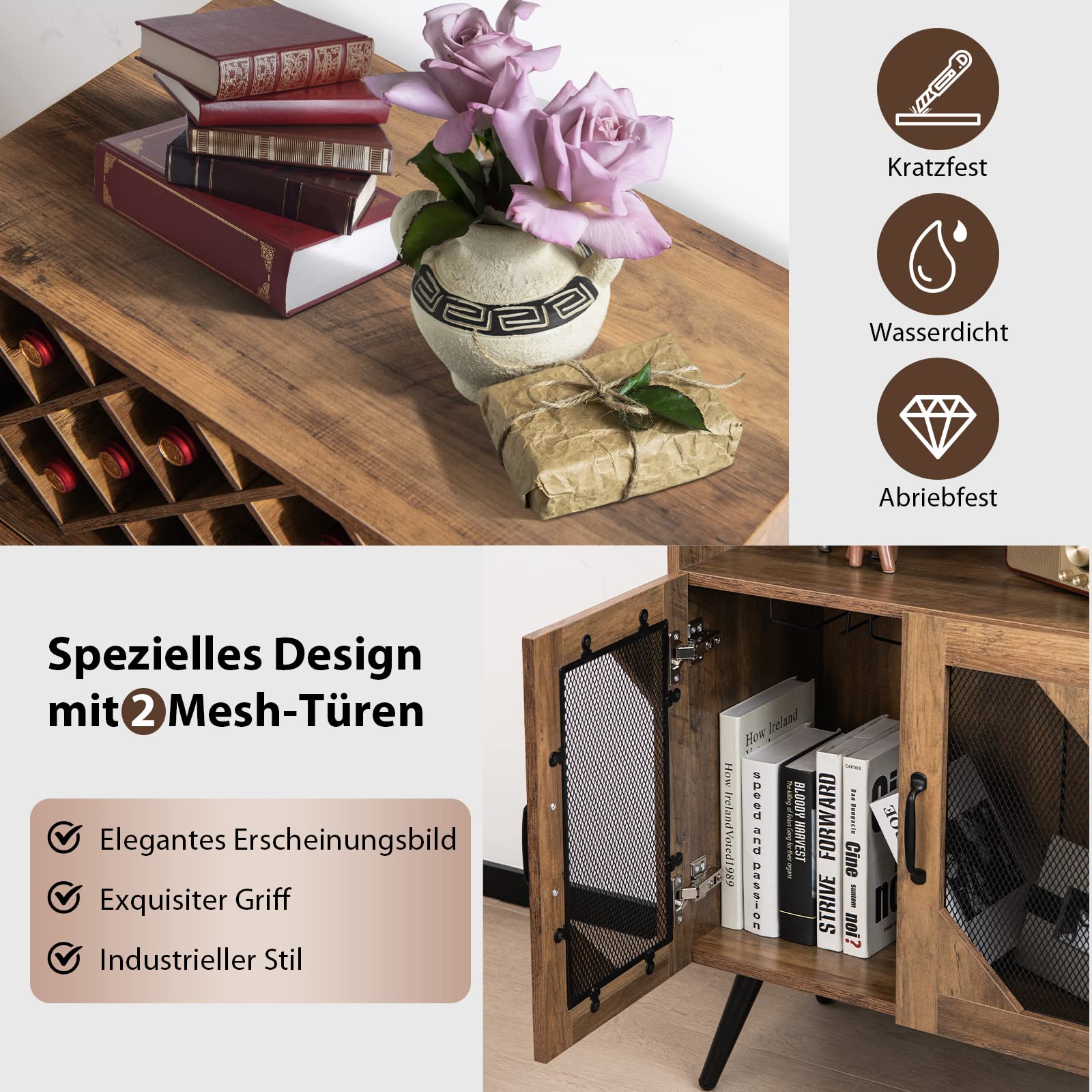 COSTWAY Küchenschrank, Weinschrank mit abnehmbarem Weinregal und integrierten Glashaltern, Buffetschrank Holz für 11 Weinflaschen & 9 Weingläser, Sideboard 59,5 x 33,5 x 93,5 cm, Vintage