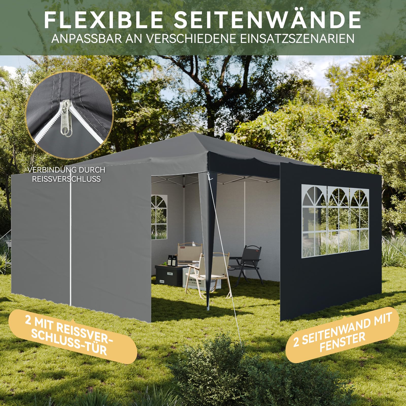 Aoxun Pop Up Pavillon 3x3 Wasserdicht mit 4 Seitenwänden, Metallrahmen-Schutzzelt, Höhe Verstellbar, 3mx3m Faltpavillon mit Tragetasche für Camping Party, Grau