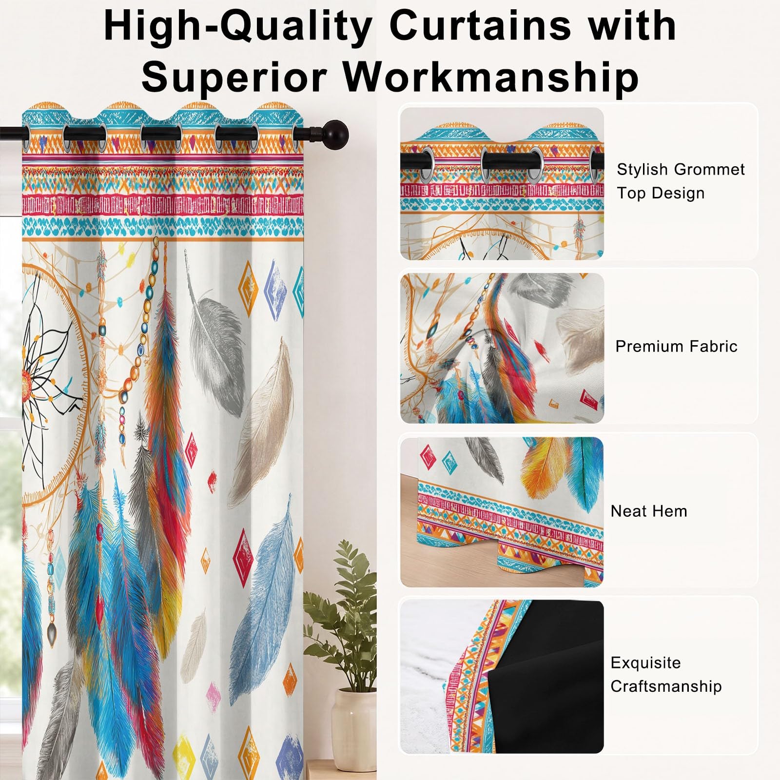 Generisch Boho Verträumt Vorhänge Traumfänger Feder Vorhang Blickdicht mit Ösen, Verdunkelungsvorhang Gardinen für Schlafzimmer Wohnzimmer Fenster Deko, 2er Set H160 x B140 cm