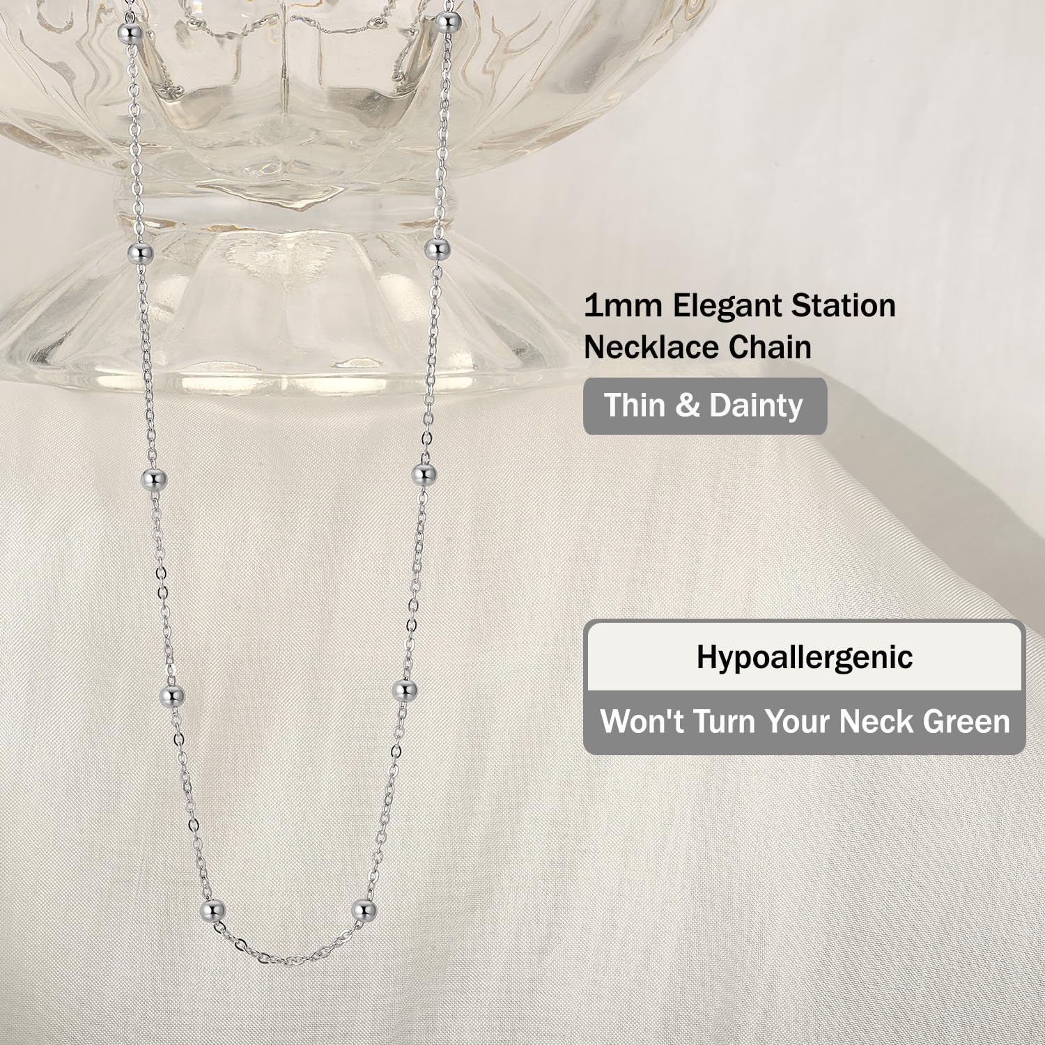 Italian 1mm 925 Sterling Silver Bead Station Satellite Cable Chain Necklace for Women, 18K Gold Plated Nickel-Free & Hypoallergenic, Thin & Dainty & Sturdy Jewelry, 16 18 20 22 24 Inch - Image 4