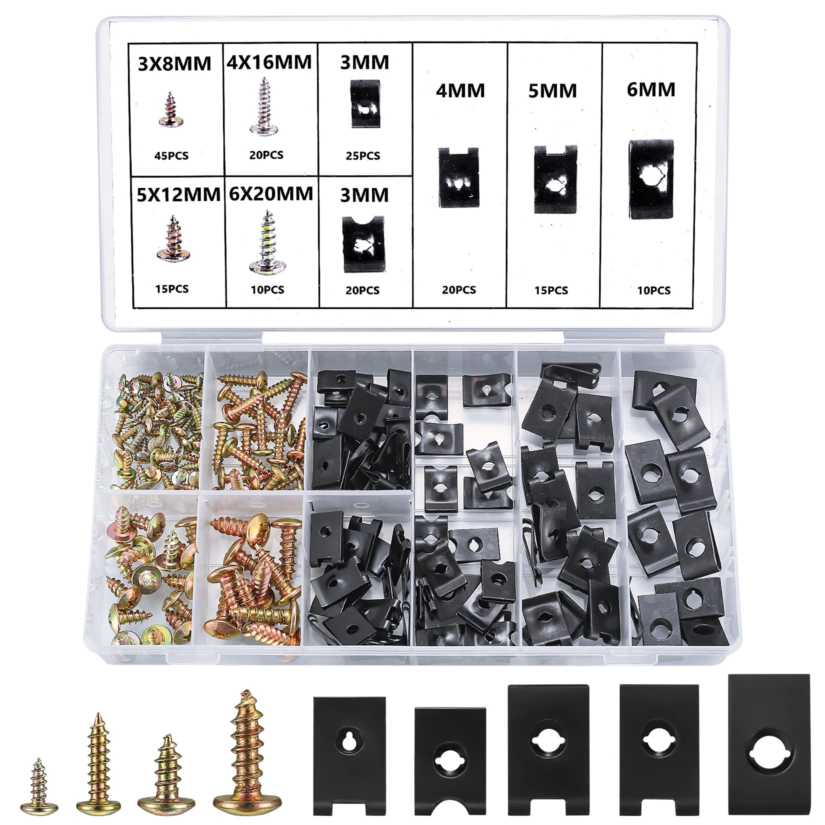 Swpeet Kit 183 Pezzi Dadi A U E Viti Zincate Per Auto – Clip Fissaggio Pannelli Interni SAE – Cassetta Organizzatore Con Scomparti