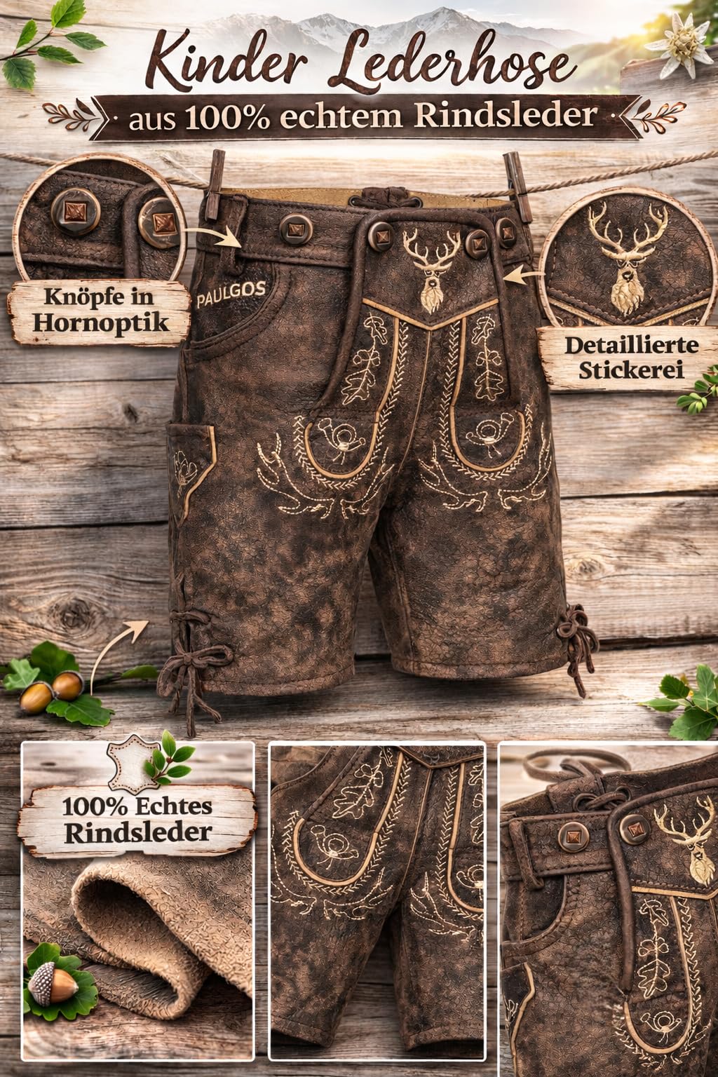 PAULGOS Kinder Trachten Lederhose KK2-ANTIK + Träger, Echtes Leder, Gr. 86-164