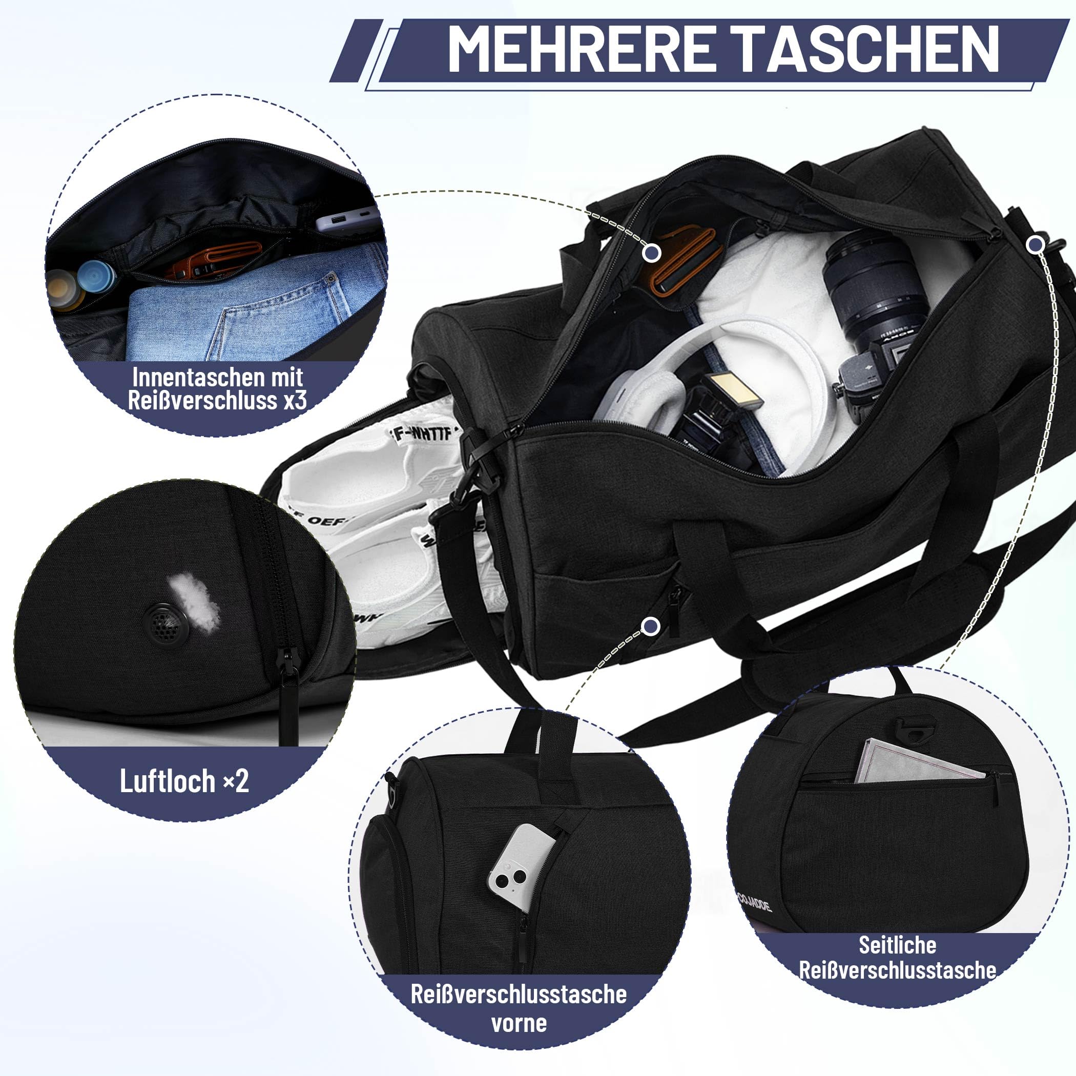 BECOJADDE Sporttaschen für Damen und Herren, 25L Reisetasche Duffel Bag Übernachtungstasche mit Schuhfach & Nassfach, wasserdichte Handgepäcktasche für Sport, Fitnessstudio, Schwimmen, Schwarz