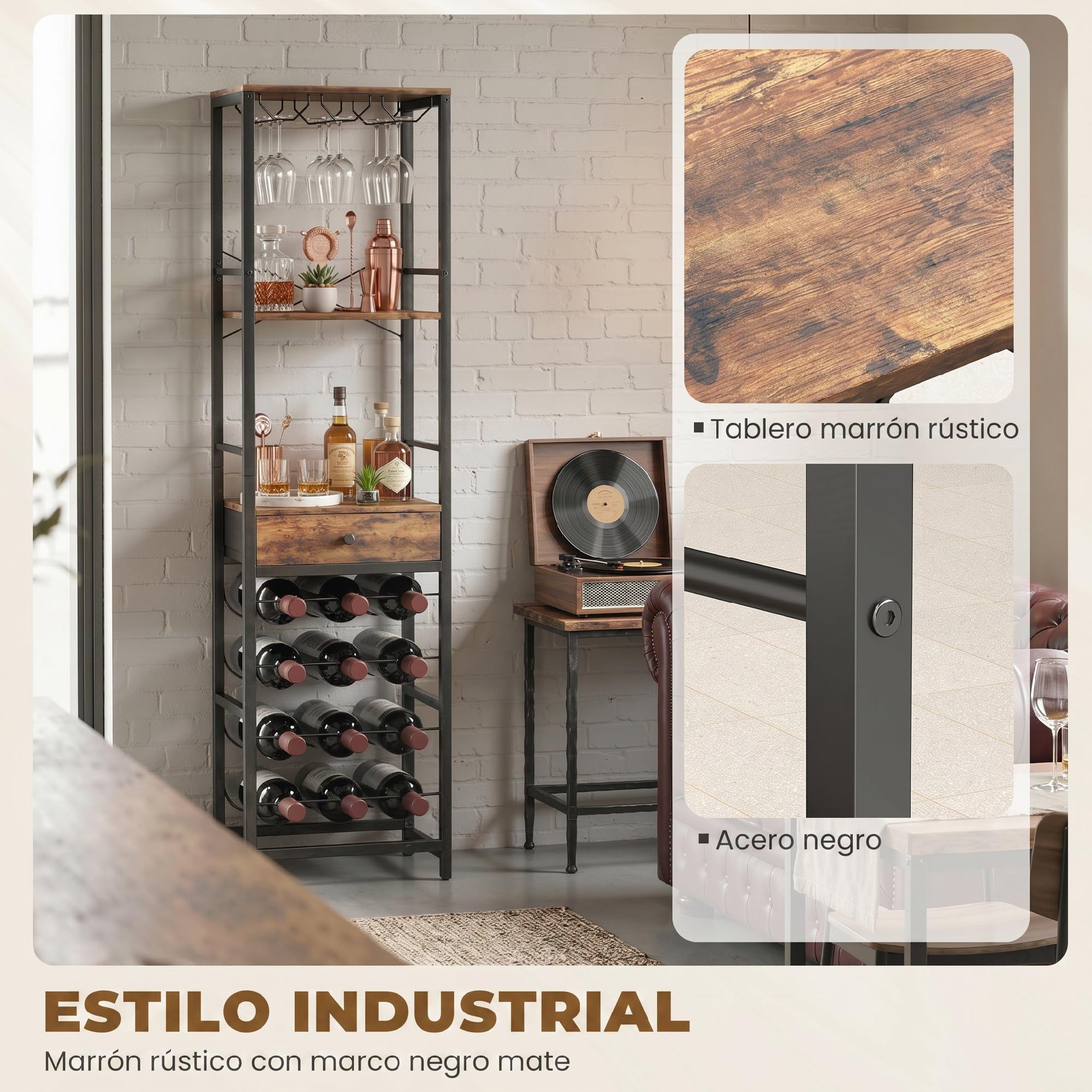 HOMCOM Mueble de Bar para Vinos con Soporte de Copas y Cajón, Botellero para 12 Botellas, con Estante Abierto, Estilo Industrial, para Cocina, Comedor, Bar, 40x30x148 cm, Marrón Rústico