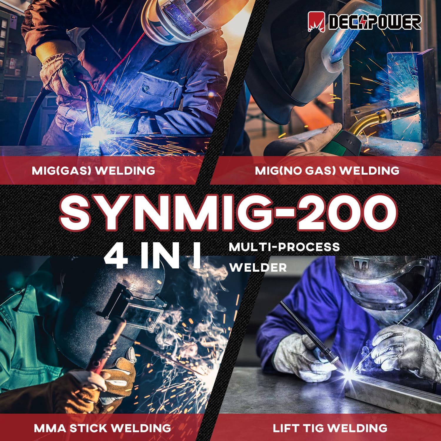 Decapower SYNMIG 200A Poste a Souder MIG avec san gaz Synergie MMA MIG MAG FLUX LIFT TIG 4 en 1 Équipement de soudage (PACK2)